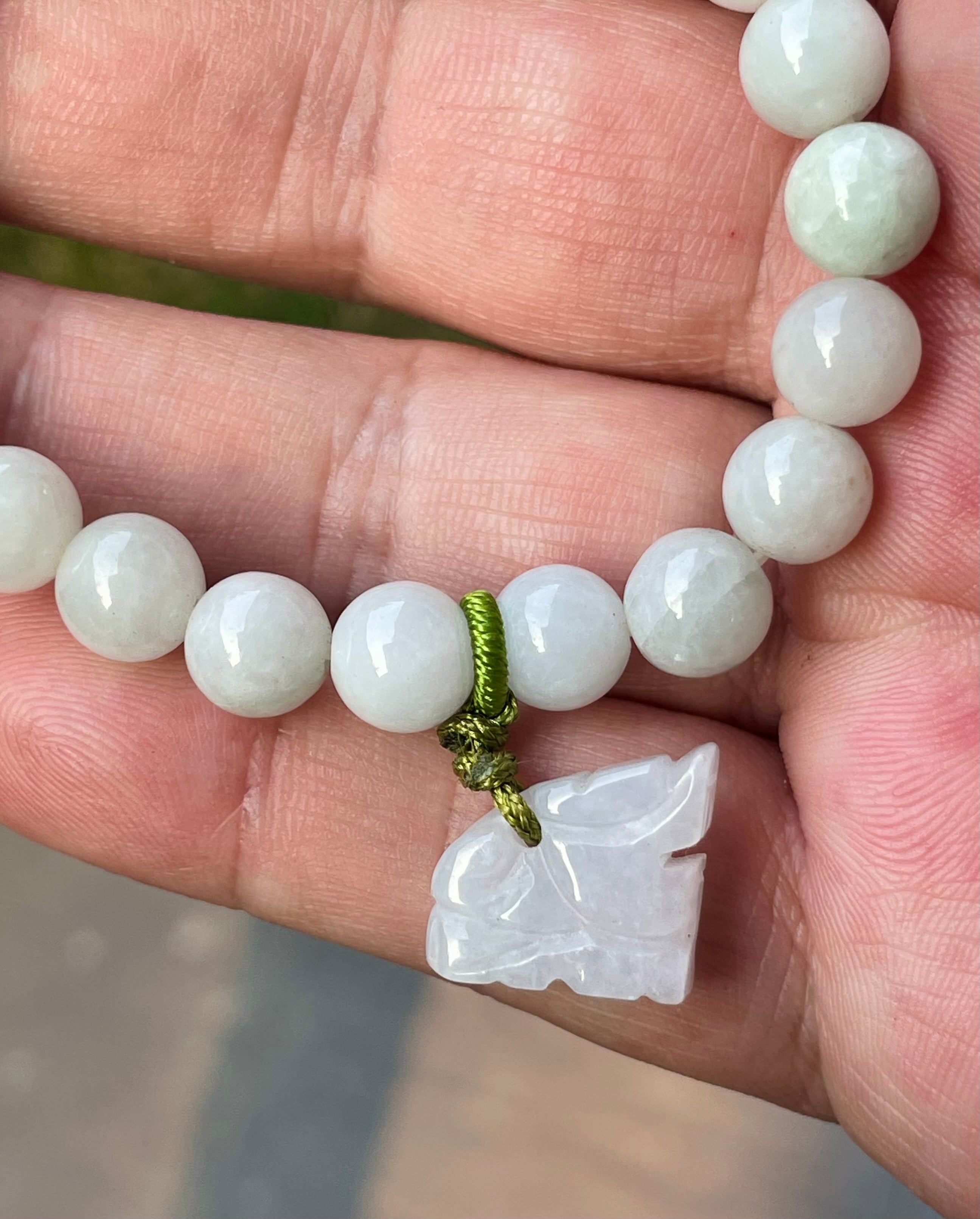 Natural Grade A Burmese Jadeite Jade Beaded Bracelet – Milky White, Faint Apple Green – Hand-Carved Tiger Pendant – 8mm – JBB180