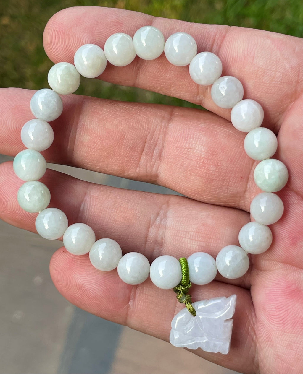 Natural Grade A Burmese Jadeite Jade Beaded Bracelet – Milky White, Faint Apple Green – Hand-Carved Tiger Pendant – 8mm – JBB180