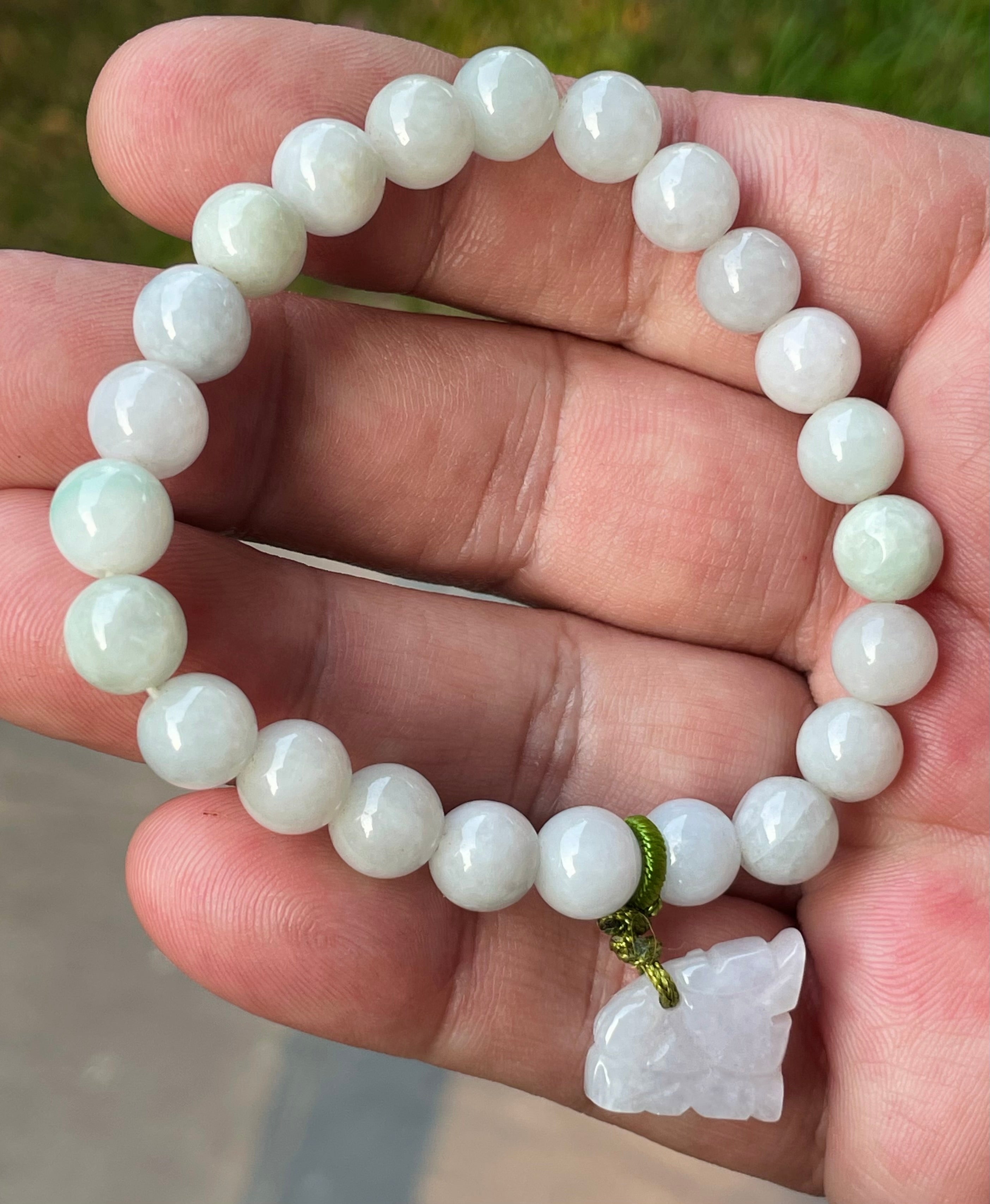 Natural Grade A Burmese Jadeite Jade Beaded Bracelet – Milky White, Faint Apple Green – Hand-Carved Tiger Pendant – 8mm – JBB180