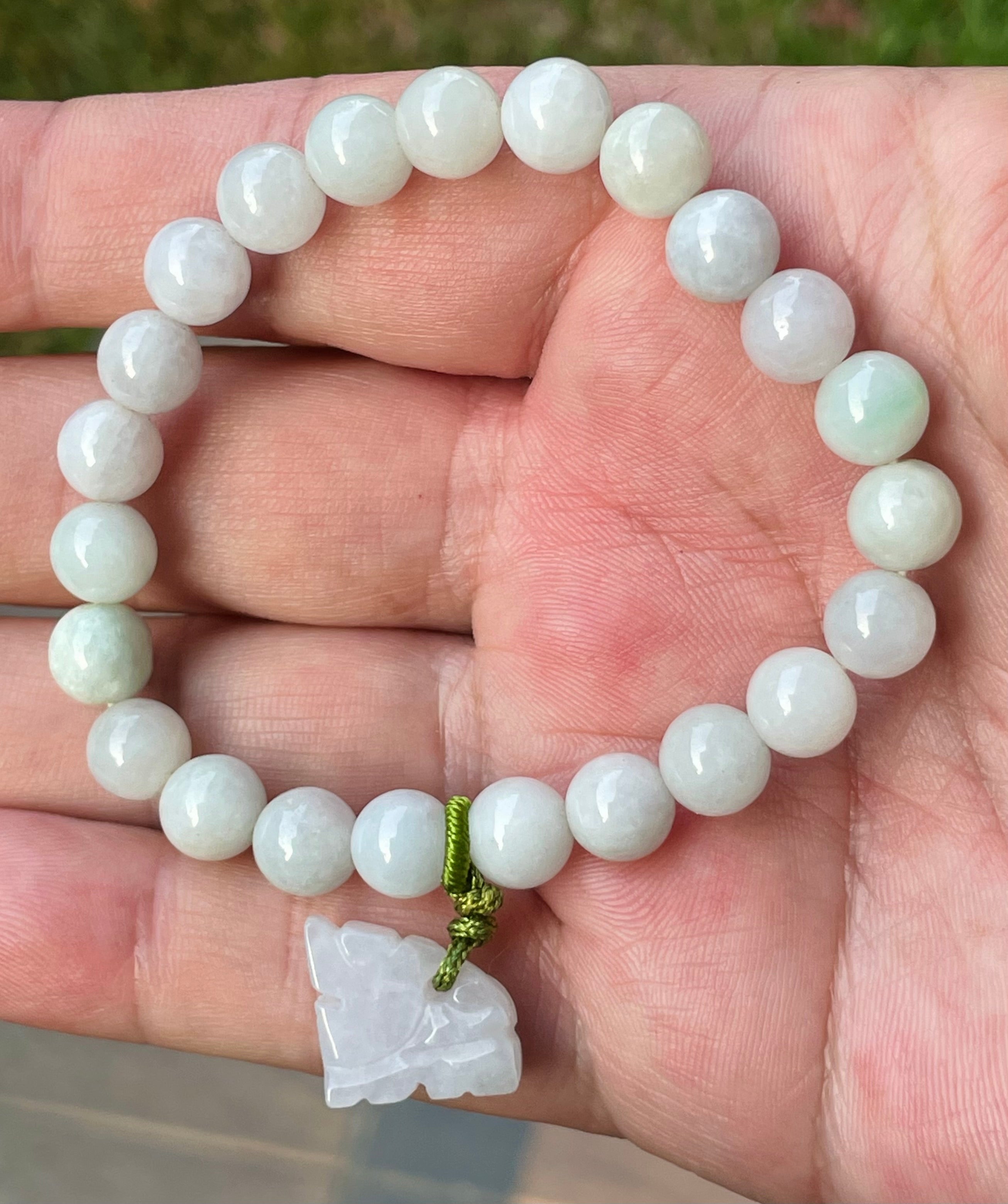 Natural Grade A Burmese Jadeite Jade Beaded Bracelet – Milky White, Faint Apple Green – Hand-Carved Tiger Pendant – 8mm – JBB180