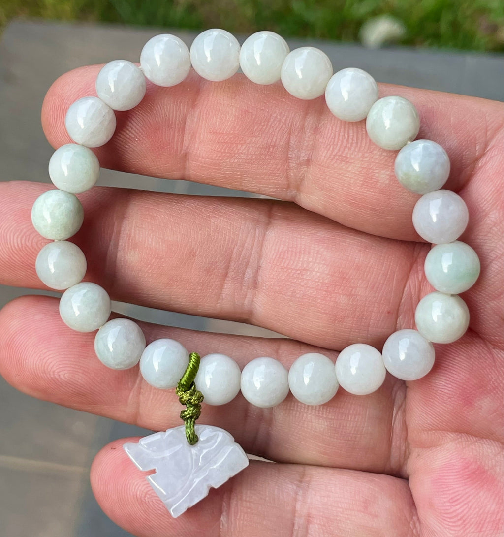 Natural Grade A Burmese Jadeite Jade Beaded Bracelet – Milky White, Faint Apple Green – Hand-Carved Tiger Pendant – 8mm – JBB180