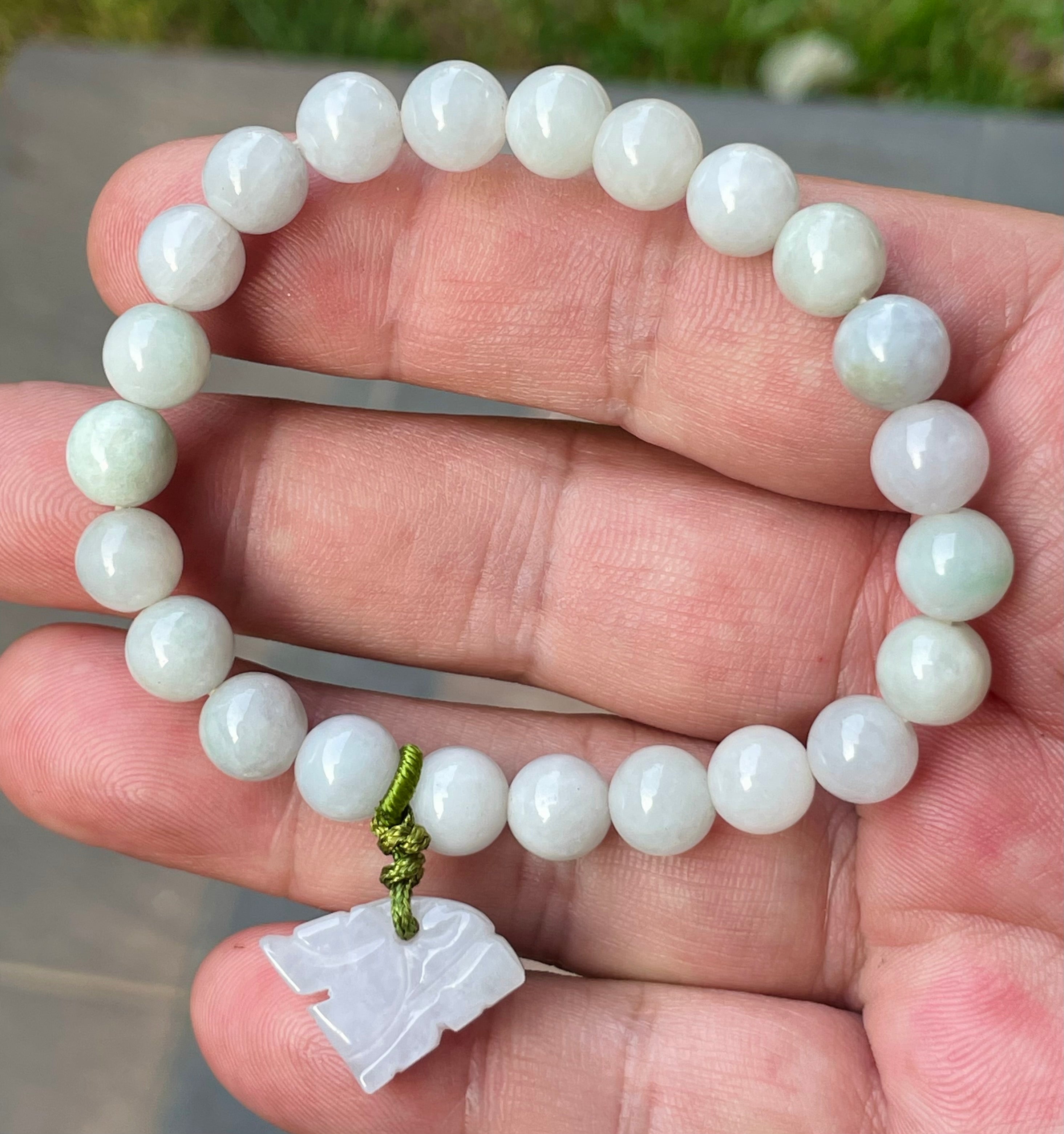 Natural Grade A Burmese Jadeite Jade Beaded Bracelet – Milky White, Faint Apple Green – Hand-Carved Tiger Pendant – 8mm – JBB180