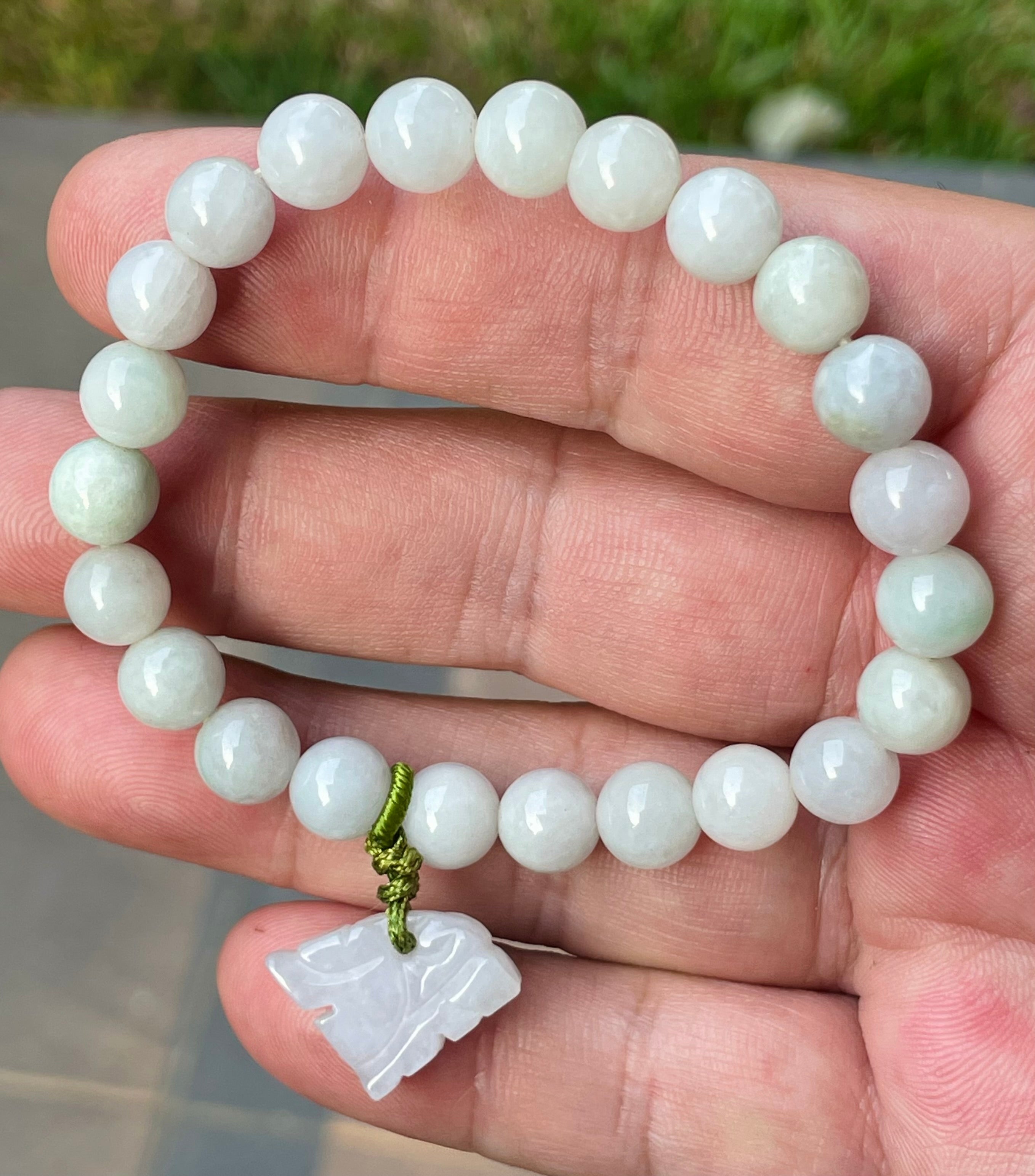 Natural Grade A Burmese Jadeite Jade Beaded Bracelet – Milky White, Faint Apple Green – Hand-Carved Tiger Pendant – 8mm – JBB180