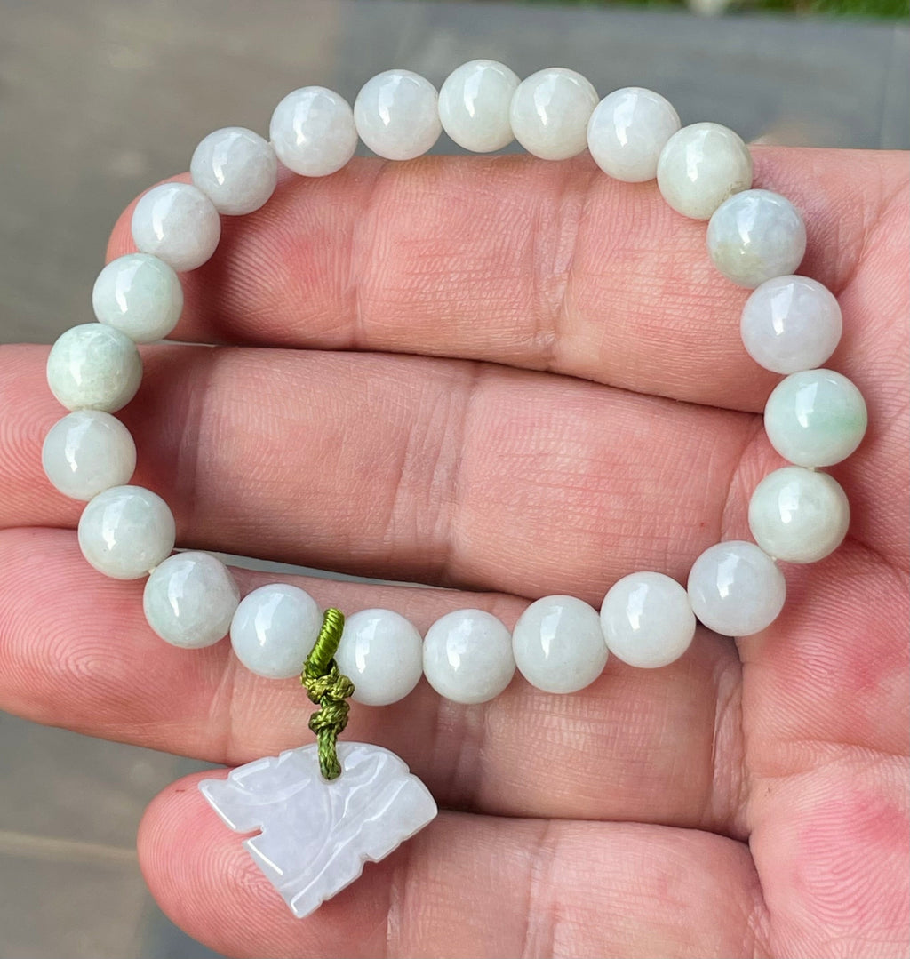 Natural Grade A Burmese Jadeite Jade Beaded Bracelet – Milky White, Faint Apple Green – Hand-Carved Tiger Pendant – 8mm – JBB180