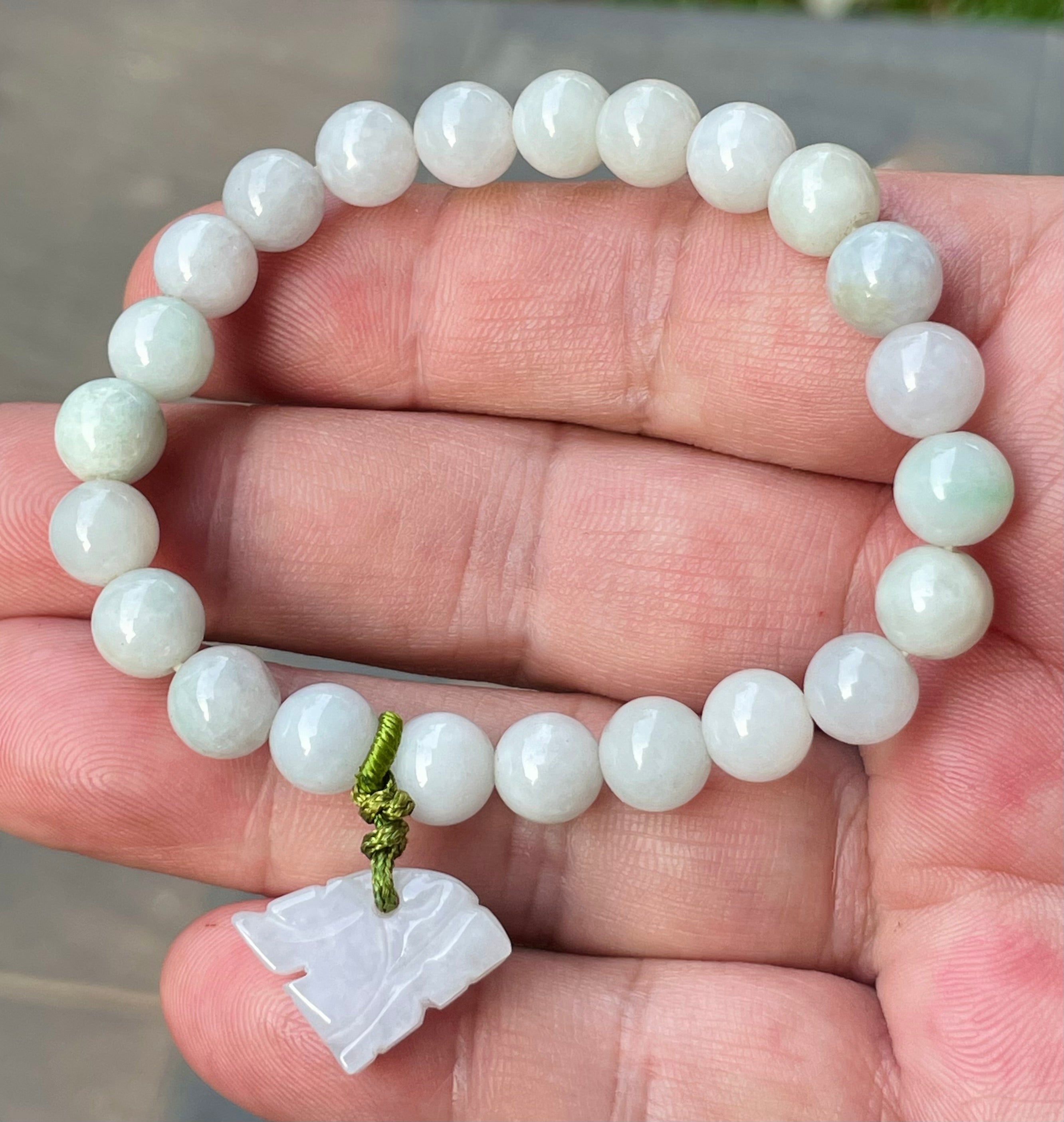 Natural Grade A Burmese Jadeite Jade Beaded Bracelet – Milky White, Faint Apple Green – Hand-Carved Tiger Pendant – 8mm – JBB180