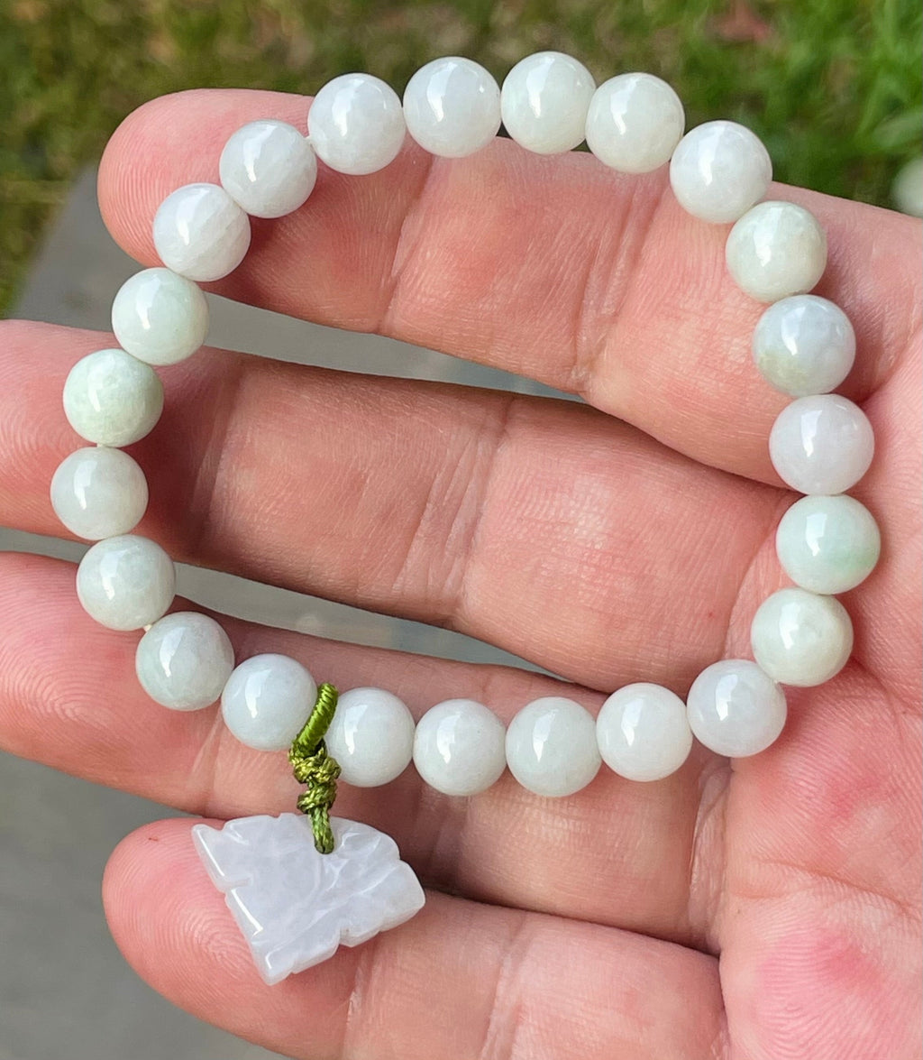 Natural Grade A Burmese Jadeite Jade Beaded Bracelet – Milky White, Faint Apple Green – Hand-Carved Tiger Pendant – 8mm – JBB180