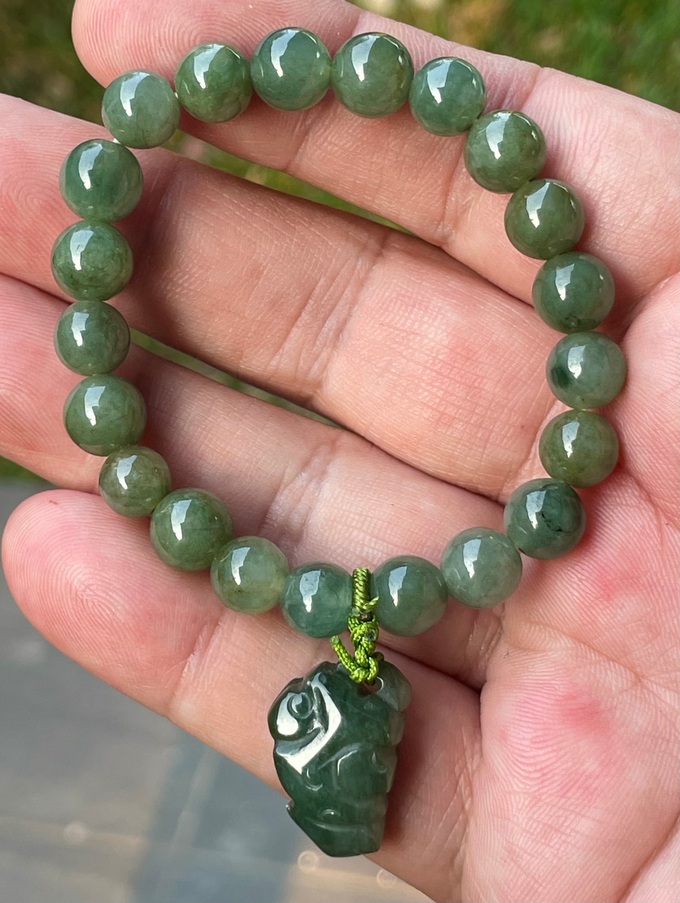 Natural Grade A Burmese Jadeite Jade Beaded Bracelet – Icy Deep Mossy Green – Hand-Carved Pixiu Pendant – 8.2mm – JBB181
