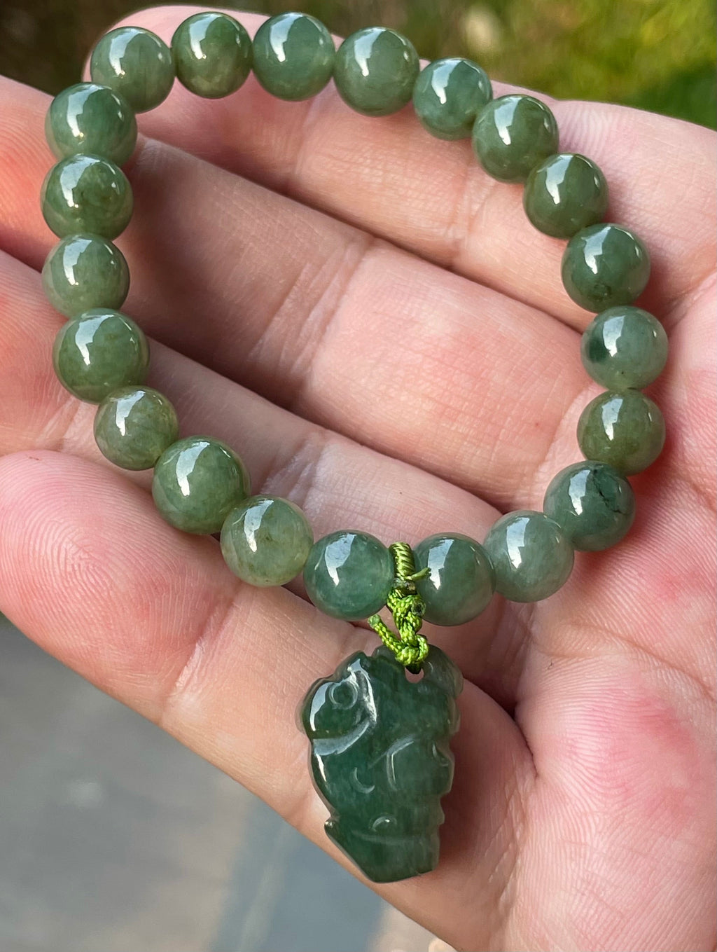 Natural Grade A Burmese Jadeite Jade Beaded Bracelet – Icy Deep Mossy Green – Hand-Carved Pixiu Pendant – 8.2mm – JBB181