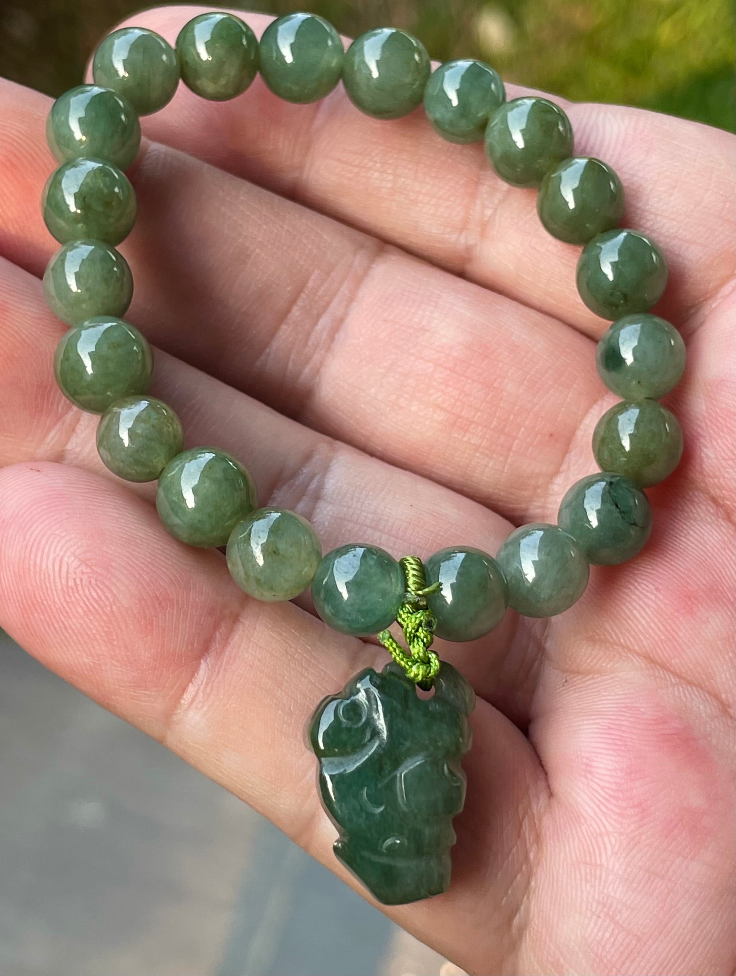 Natural Grade A Burmese Jadeite Jade Beaded Bracelet – Icy Deep Mossy Green – Hand-Carved Pixiu Pendant – 8.2mm – JBB181