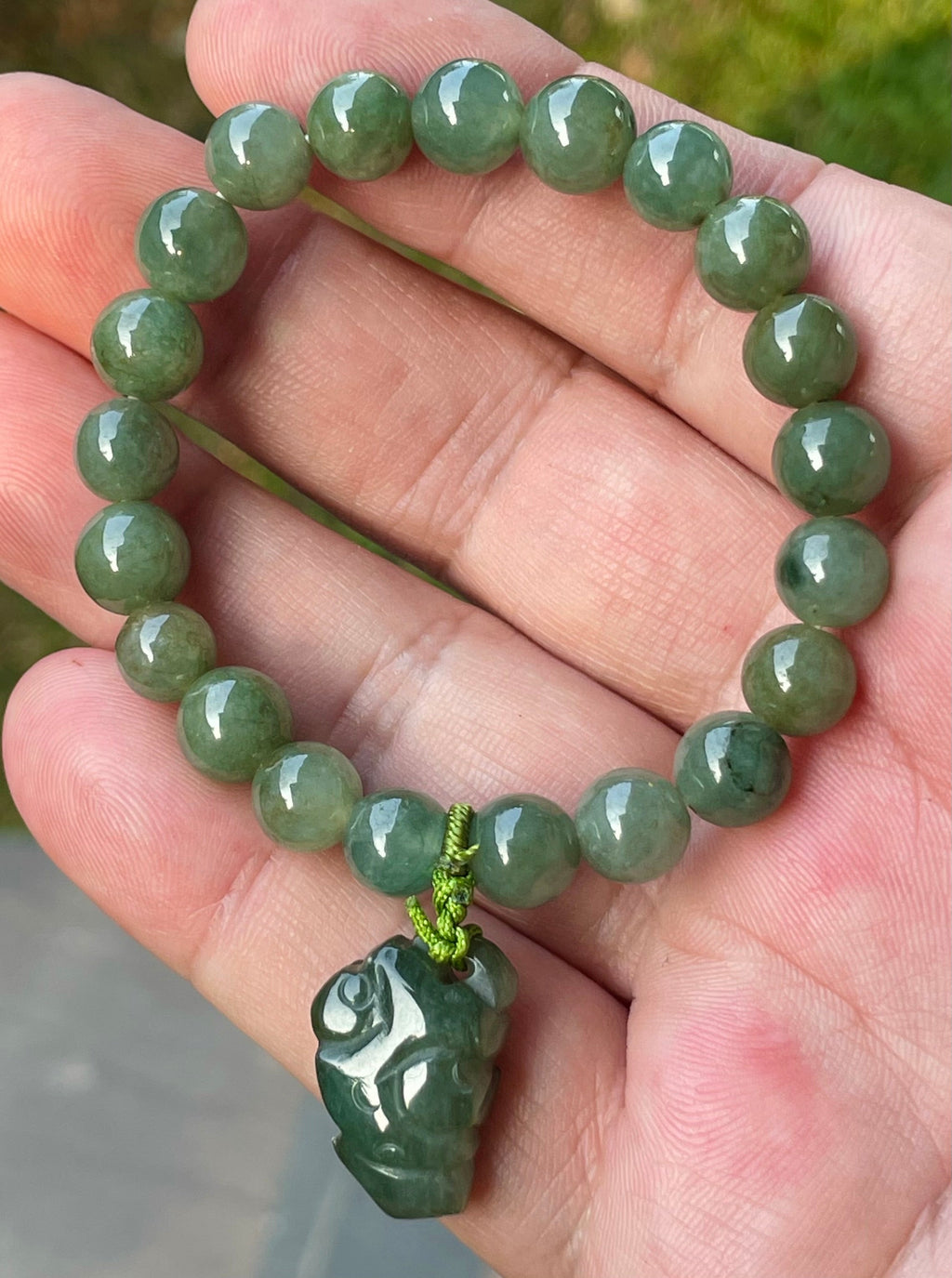 Natural Grade A Burmese Jadeite Jade Beaded Bracelet – Icy Deep Mossy Green – Hand-Carved Pixiu Pendant – 8.2mm – JBB181
