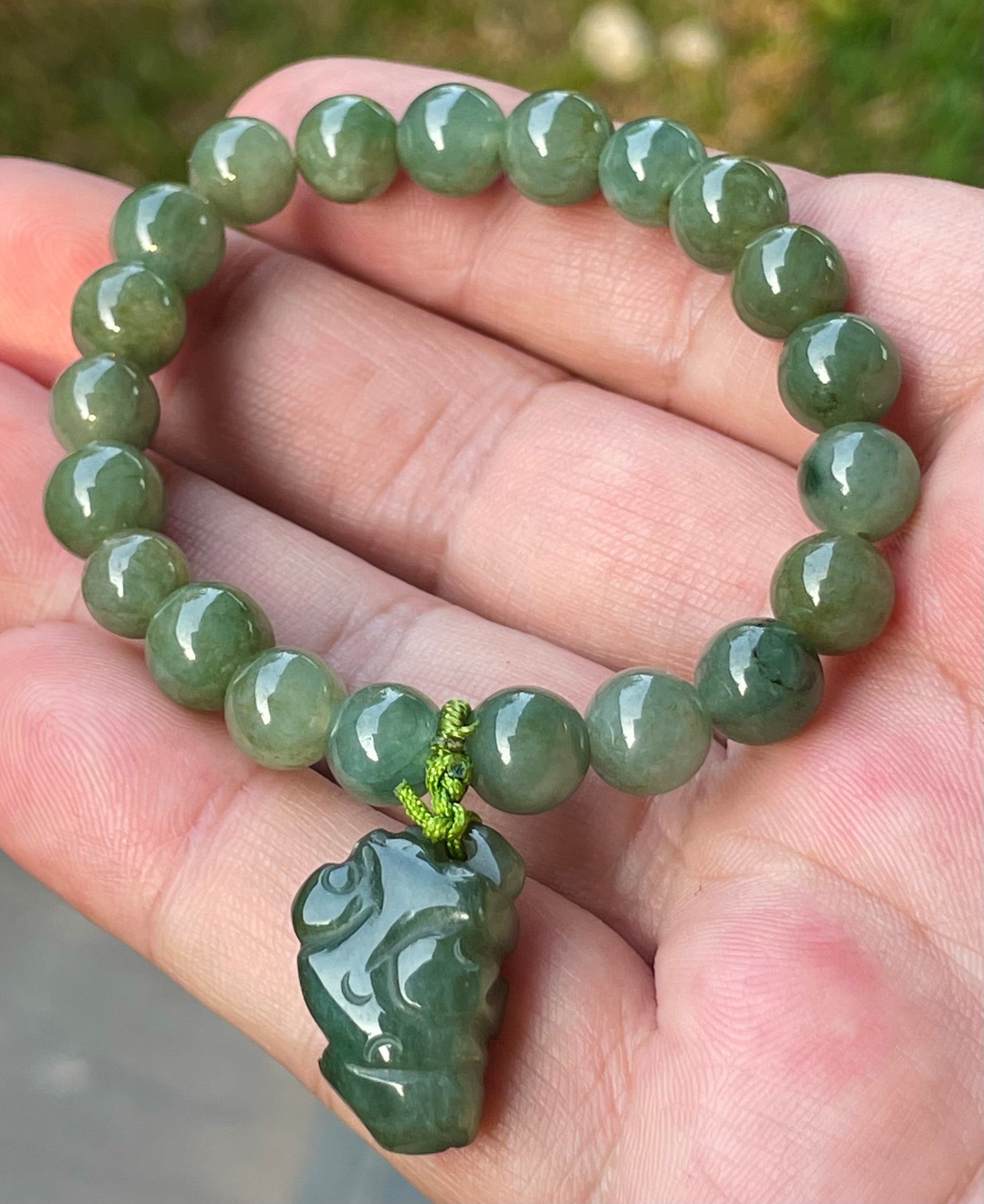 Natural Grade A Burmese Jadeite Jade Beaded Bracelet – Icy Deep Mossy Green – Hand-Carved Pixiu Pendant – 8.2mm – JBB181