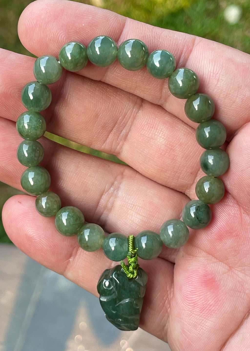 Natural Grade A Burmese Jadeite Jade Beaded Bracelet – Icy Deep Mossy Green – Hand-Carved Pixiu Pendant – 8.2mm – JBB181