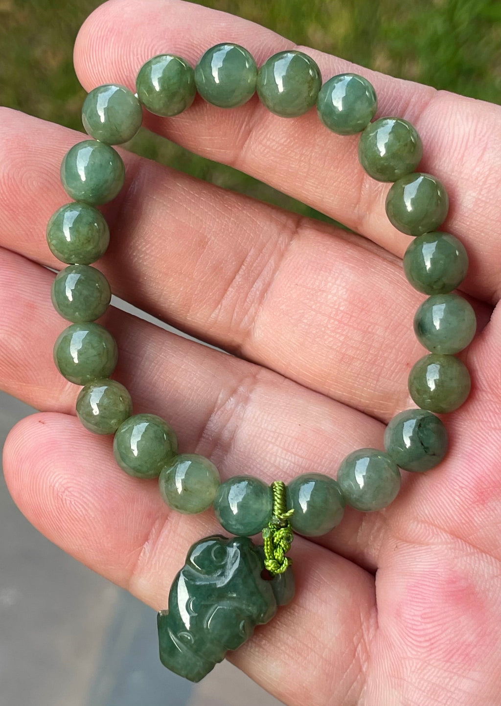 Natural Grade A Burmese Jadeite Jade Beaded Bracelet – Icy Deep Mossy Green – Hand-Carved Pixiu Pendant – 8.2mm – JBB181