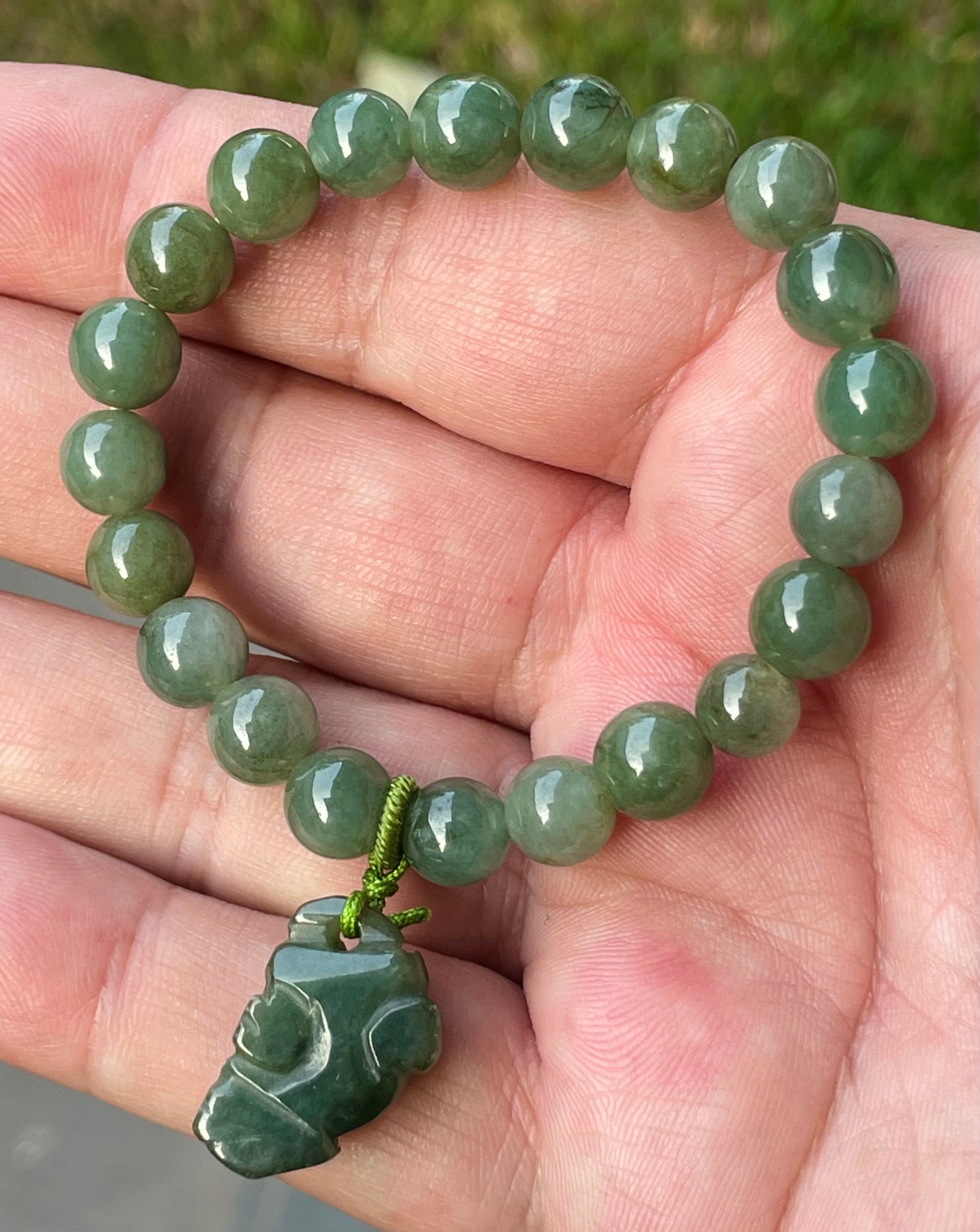 Natural Grade A Burmese Jadeite Jade Beaded Bracelet – Icy Deep Mossy Green – Hand-Carved Pixiu Pendant – 8.2mm – JBB181