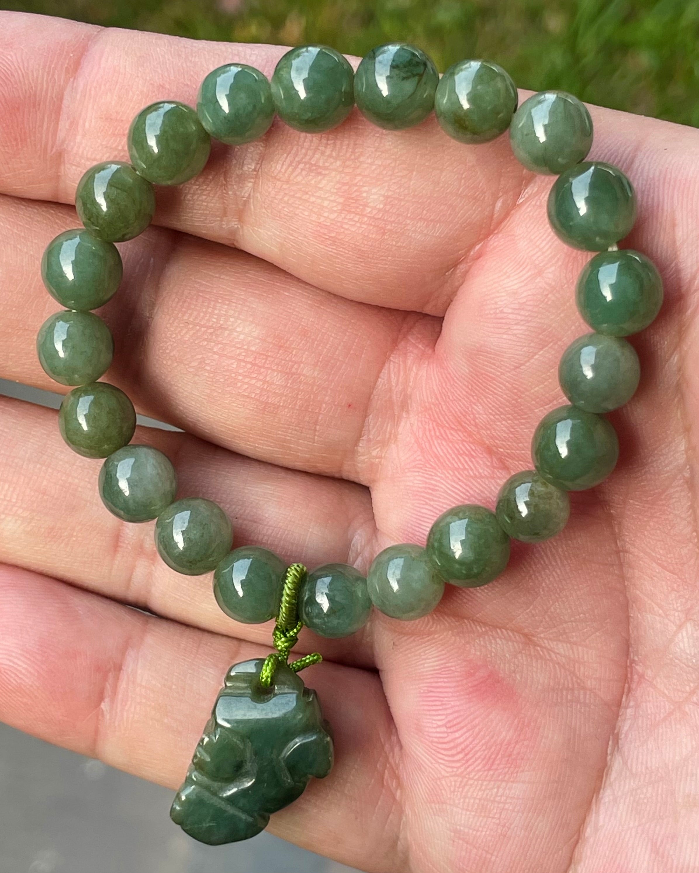 Natural Grade A Burmese Jadeite Jade Beaded Bracelet – Icy Deep Mossy Green – Hand-Carved Pixiu Pendant – 8.2mm – JBB181