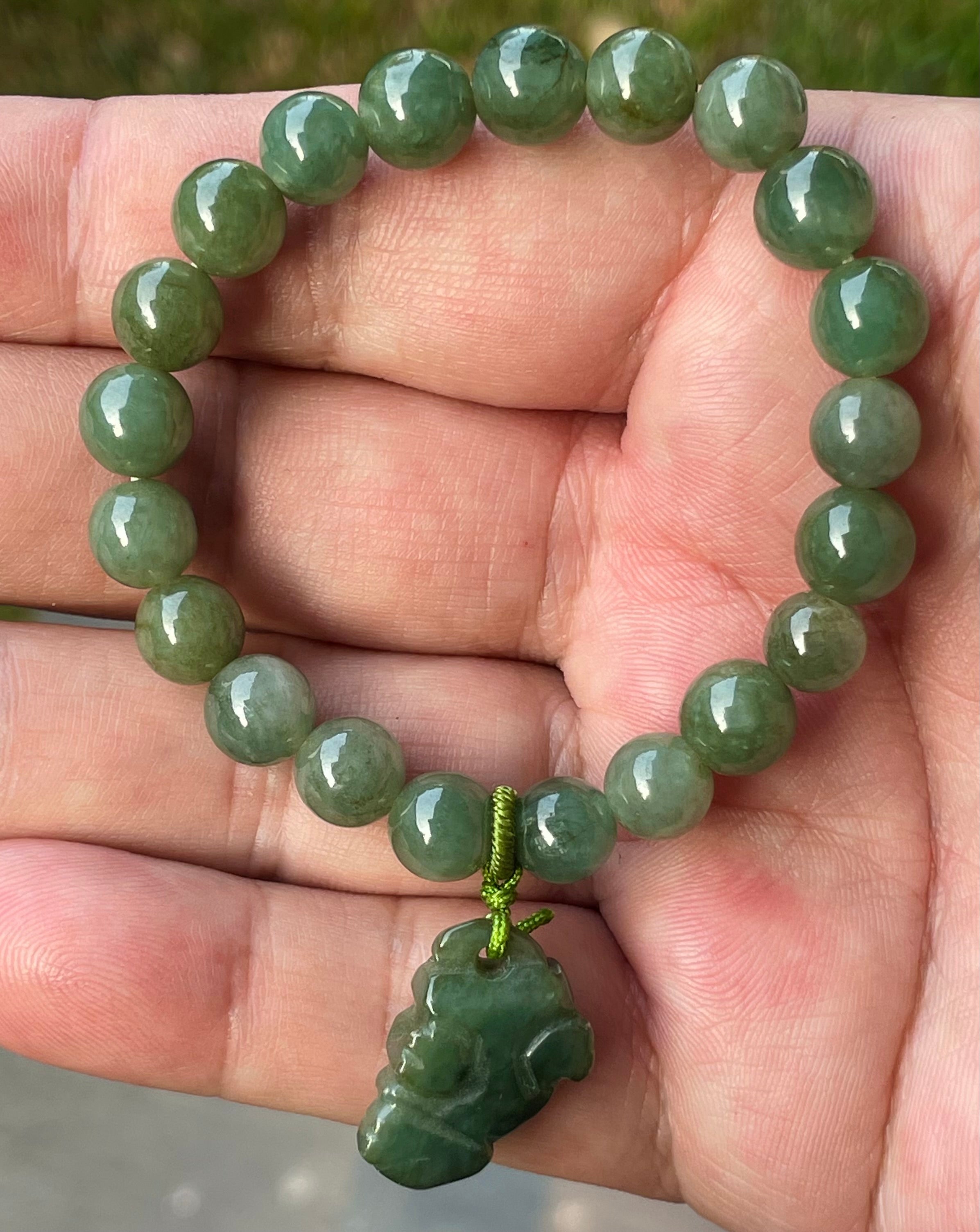 Natural Grade A Burmese Jadeite Jade Beaded Bracelet – Icy Deep Mossy Green – Hand-Carved Pixiu Pendant – 8.2mm – JBB181