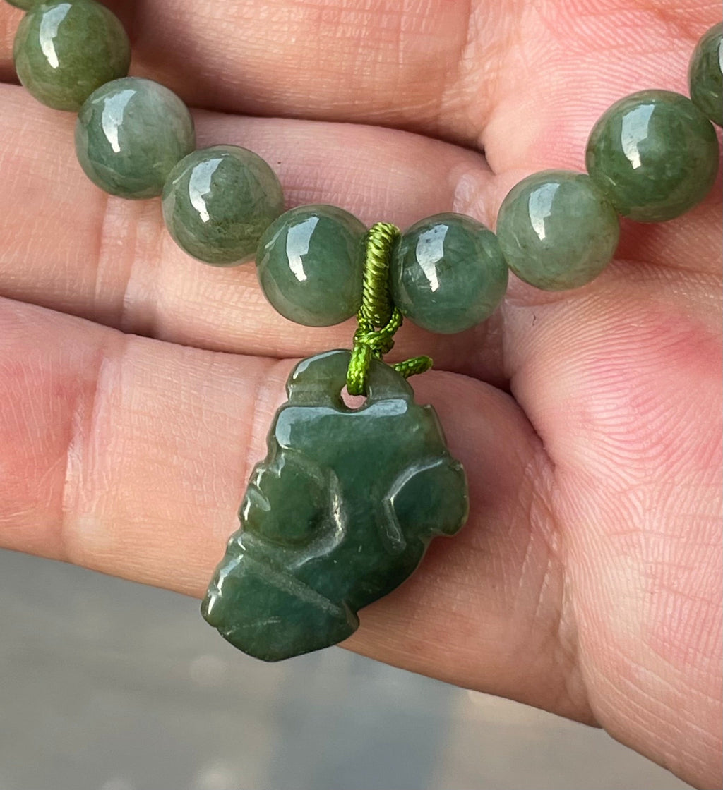 Natural Grade A Burmese Jadeite Jade Beaded Bracelet – Icy Deep Mossy Green – Hand-Carved Pixiu Pendant – 8.2mm – JBB181