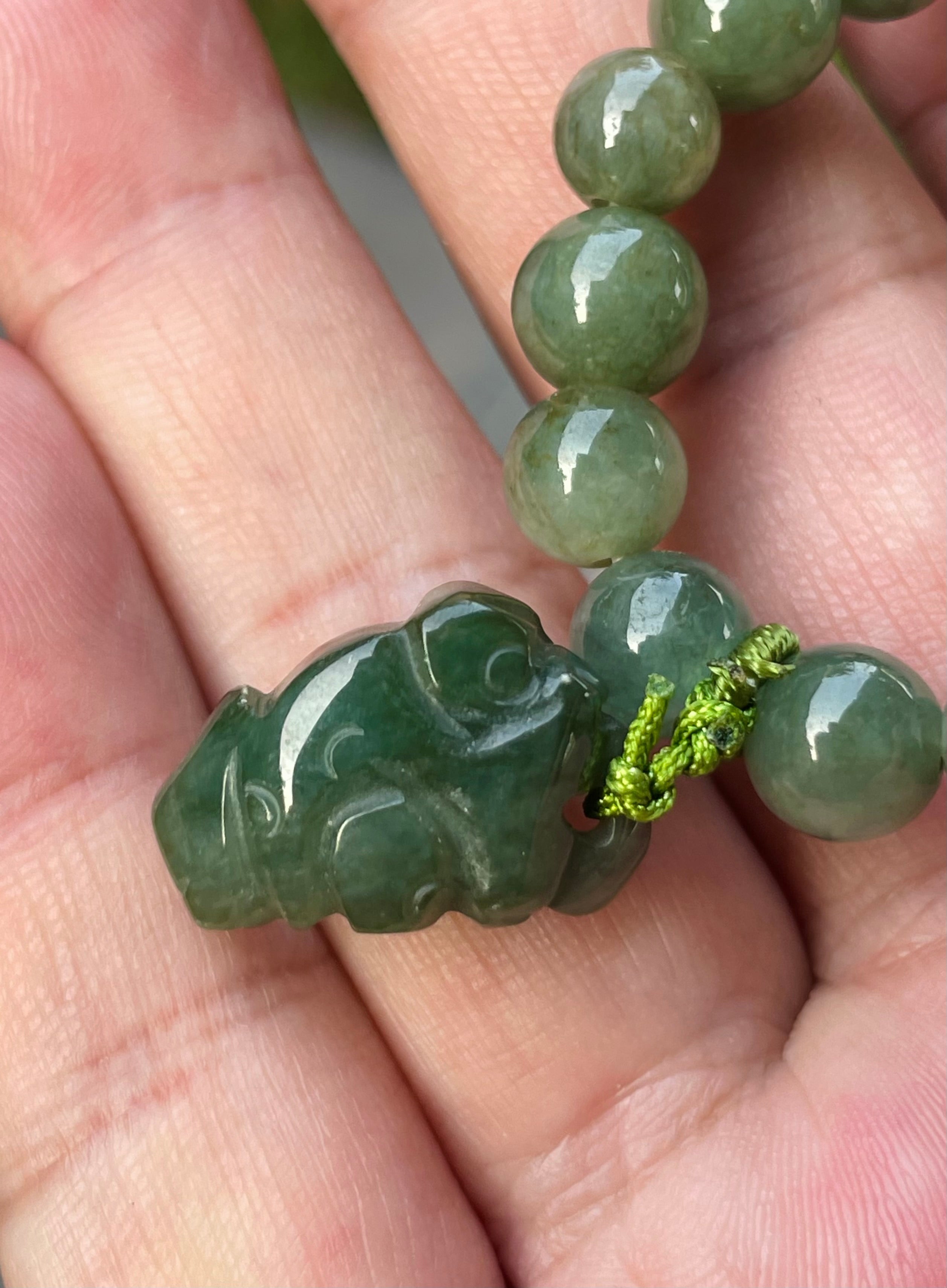 Natural Grade A Burmese Jadeite Jade Beaded Bracelet – Icy Deep Mossy Green – Hand-Carved Pixiu Pendant – 8.2mm – JBB181