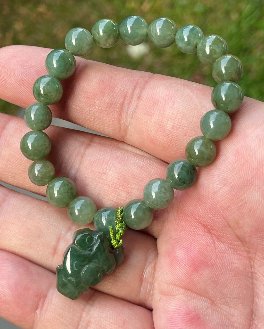 Natural Grade A Burmese Jadeite Jade Beaded Bracelet – Icy Deep Mossy Green – Hand-Carved Pixiu Pendant – 8.2mm – JBB181