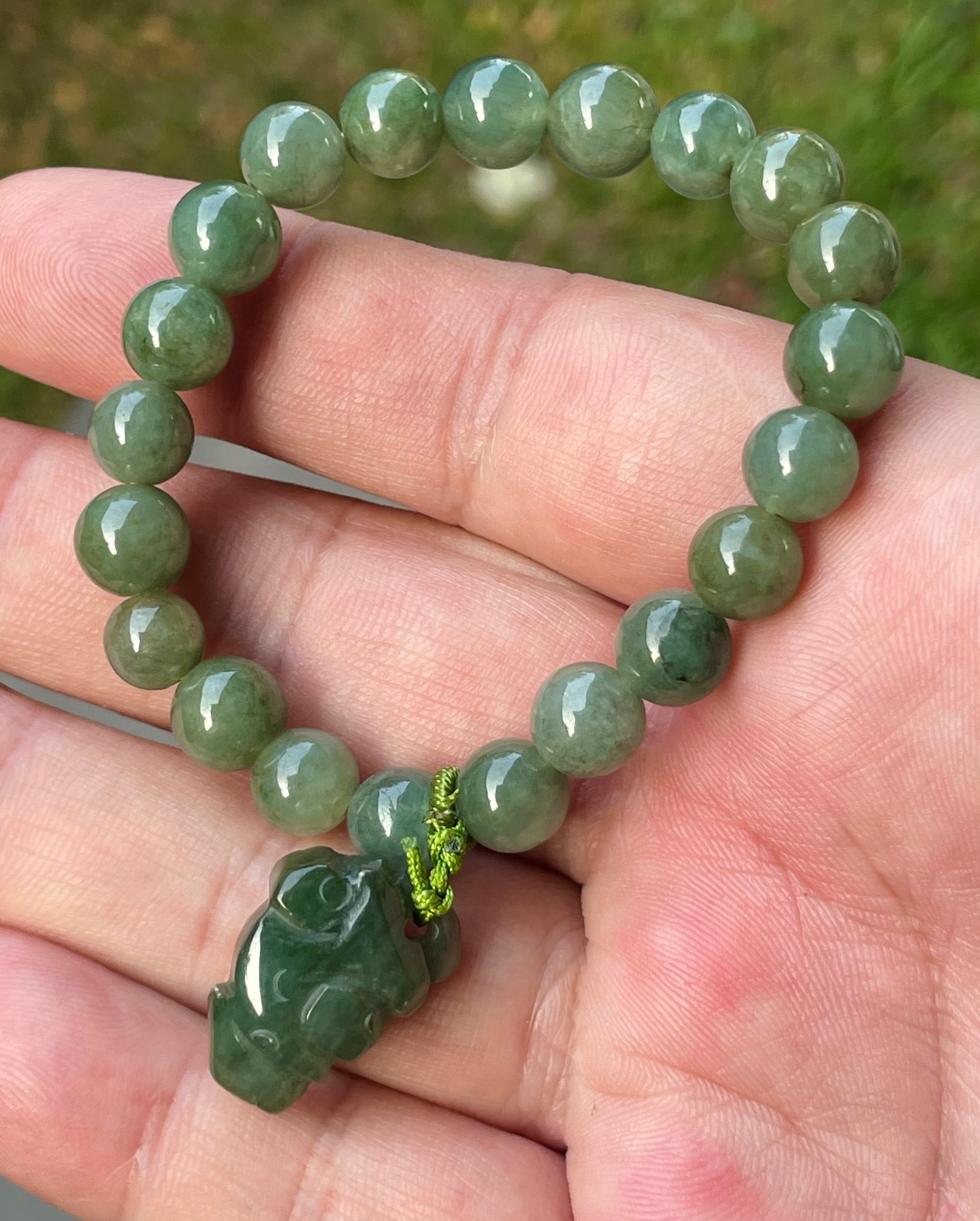 Natural Grade A Burmese Jadeite Jade Beaded Bracelet – Icy Deep Mossy Green – Hand-Carved Pixiu Pendant – 8.2mm – JBB181