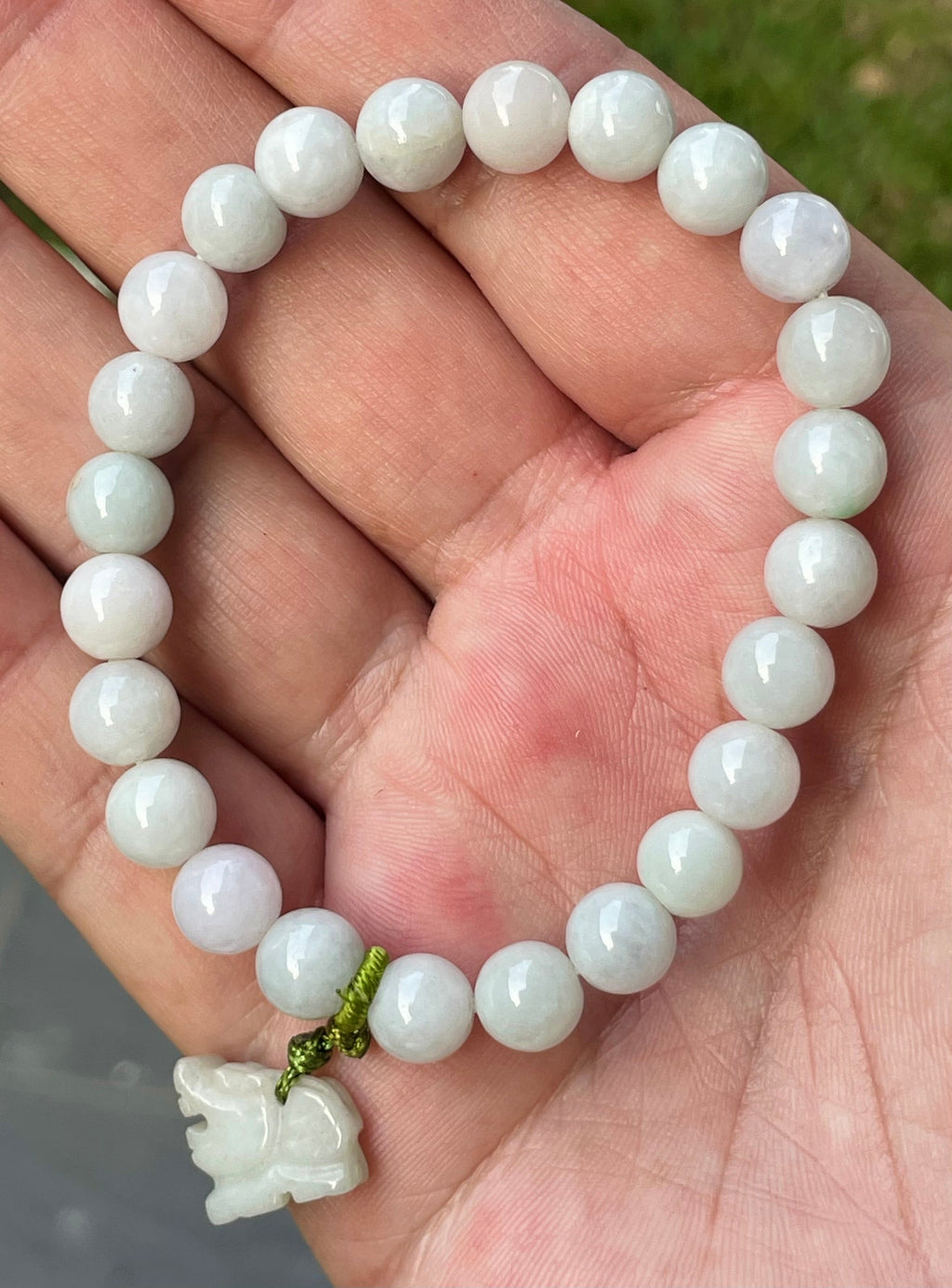 Natural Grade A Burmese Jadeite Jade Beaded Bracelet – Icy Milky White, Faint Green Hues – Hand-Carved Tiger Pendant – 8mm – JBB182
