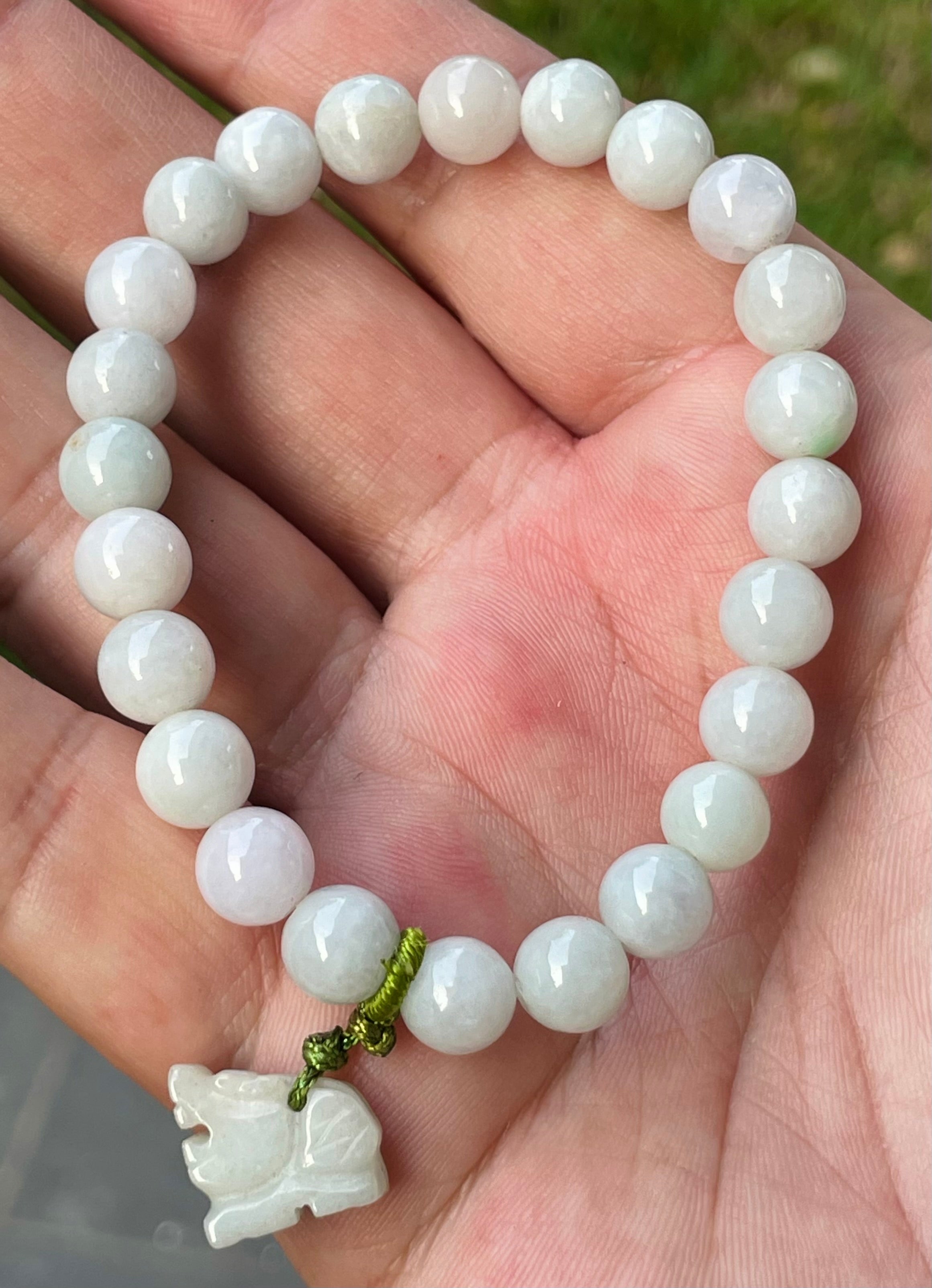 Natural Grade A Burmese Jadeite Jade Beaded Bracelet – Icy Milky White, Faint Green Hues – Hand-Carved Tiger Pendant – 8mm – JBB182
