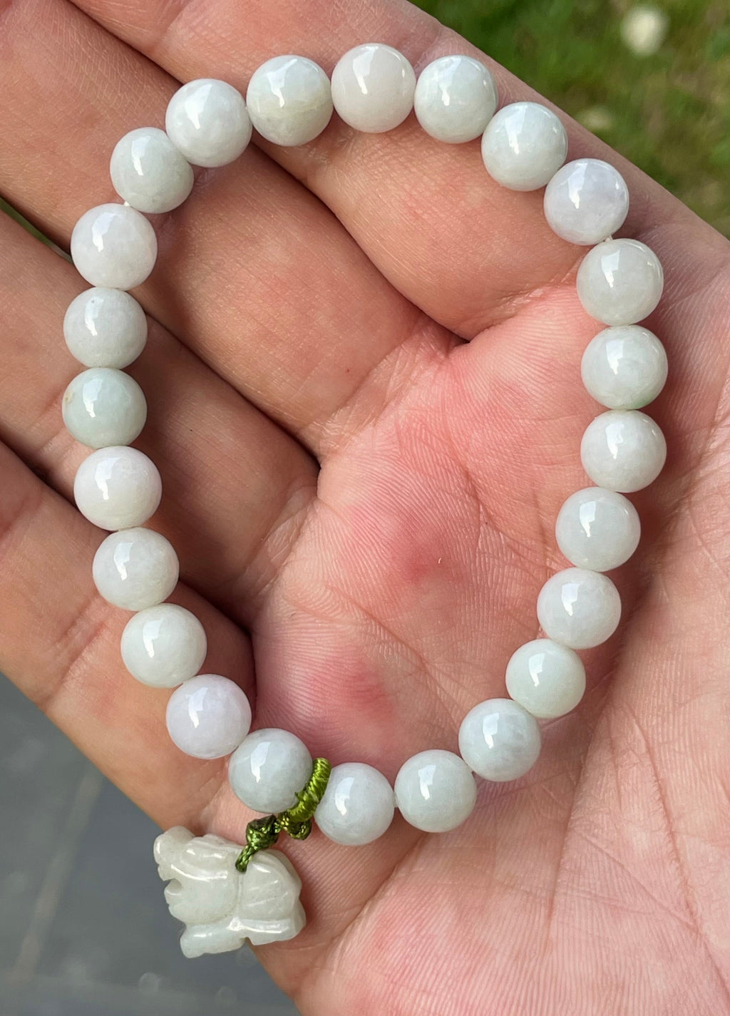 Natural Grade A Burmese Jadeite Jade Beaded Bracelet – Icy Milky White, Faint Green Hues – Hand-Carved Tiger Pendant – 8mm – JBB182