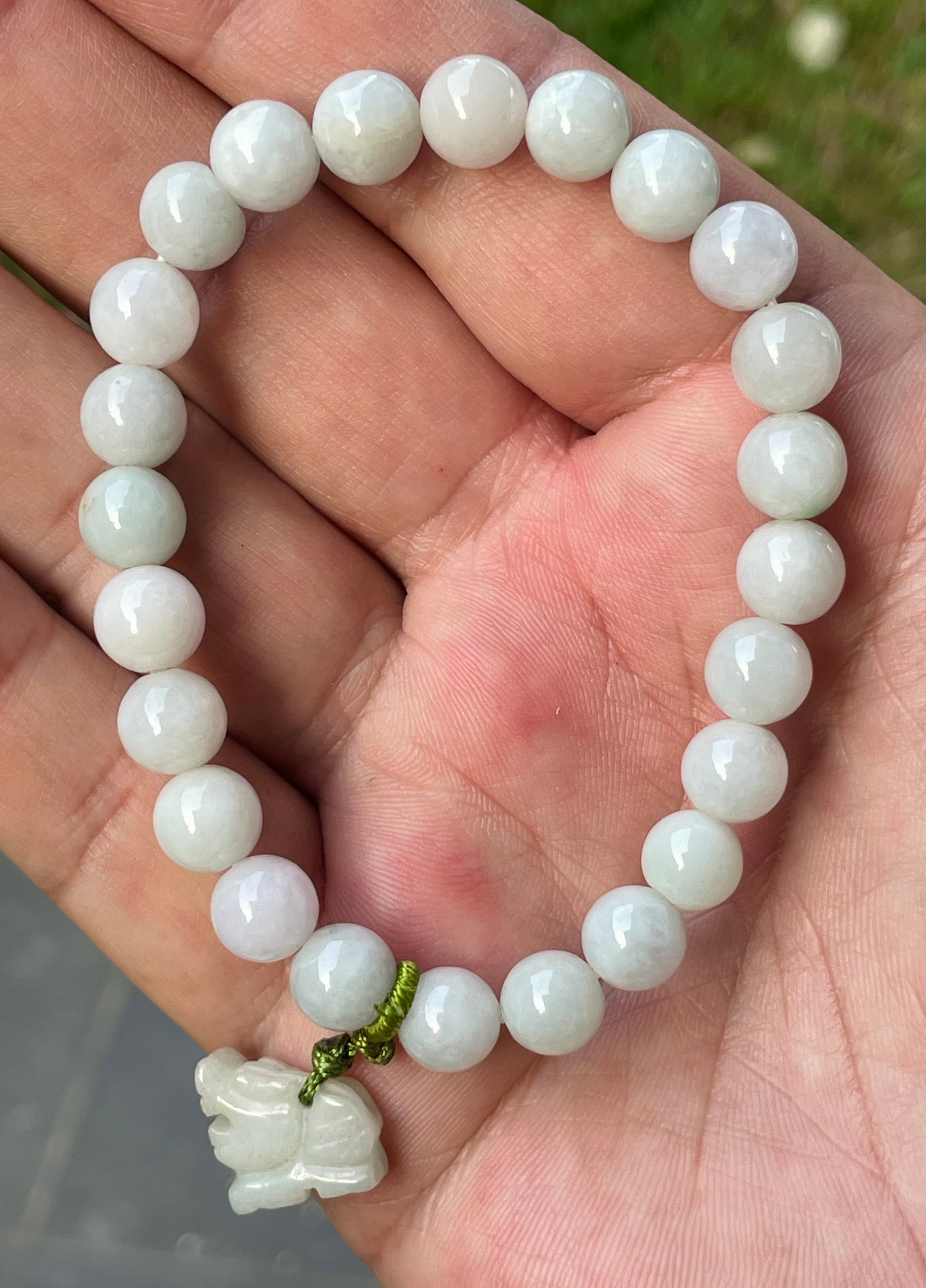 Natural Grade A Burmese Jadeite Jade Beaded Bracelet – Icy Milky White, Faint Green Hues – Hand-Carved Tiger Pendant – 8mm – JBB182