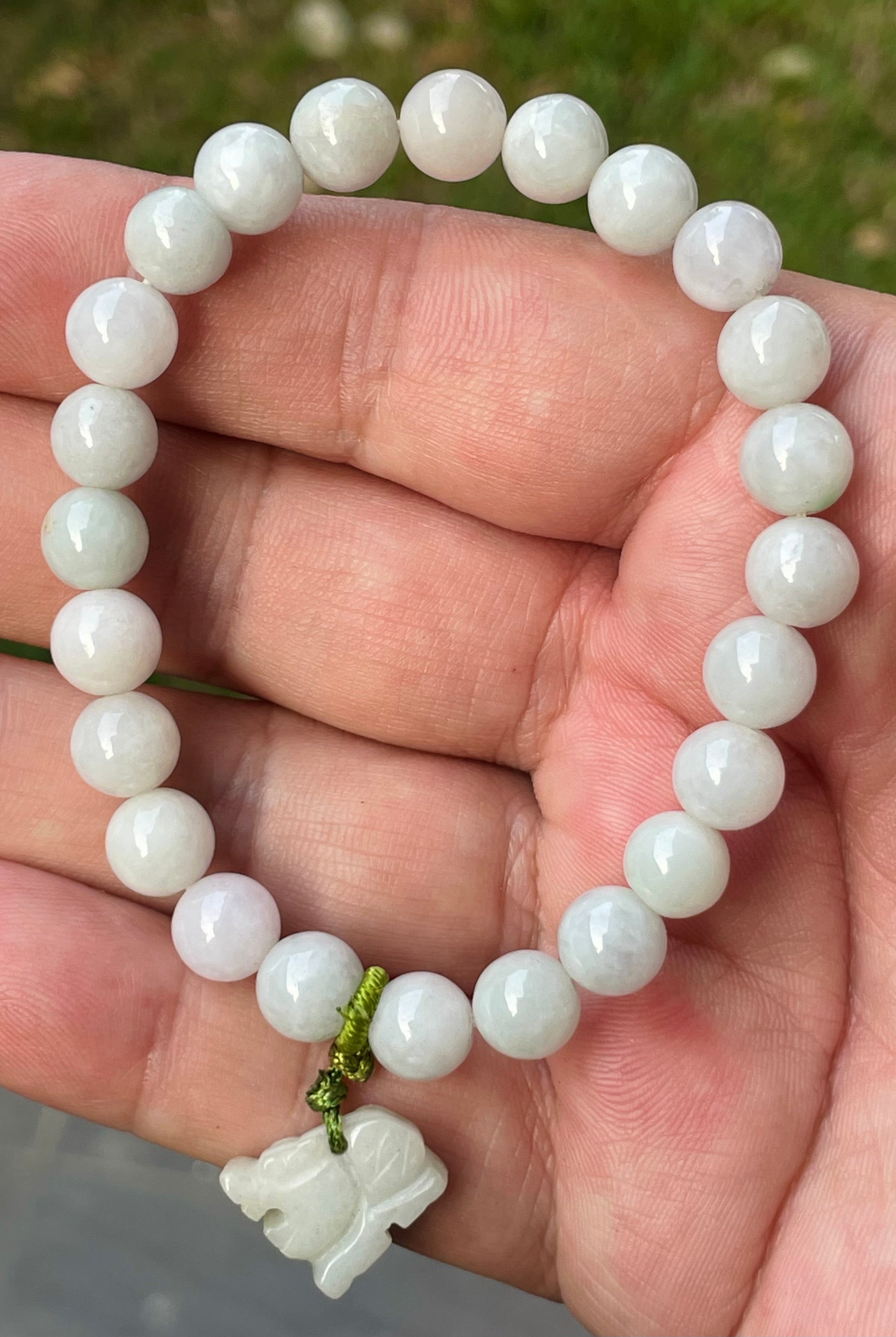 Natural Grade A Burmese Jadeite Jade Beaded Bracelet – Icy Milky White, Faint Green Hues – Hand-Carved Tiger Pendant – 8mm – JBB182