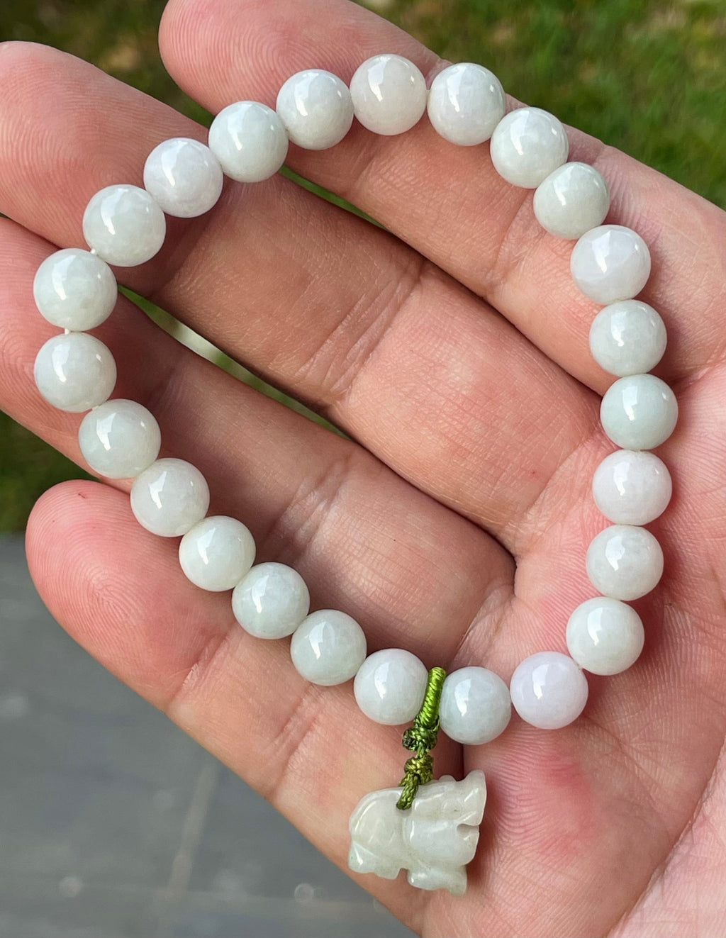 Natural Grade A Burmese Jadeite Jade Beaded Bracelet – Icy Milky White, Faint Green Hues – Hand-Carved Tiger Pendant – 8mm – JBB182