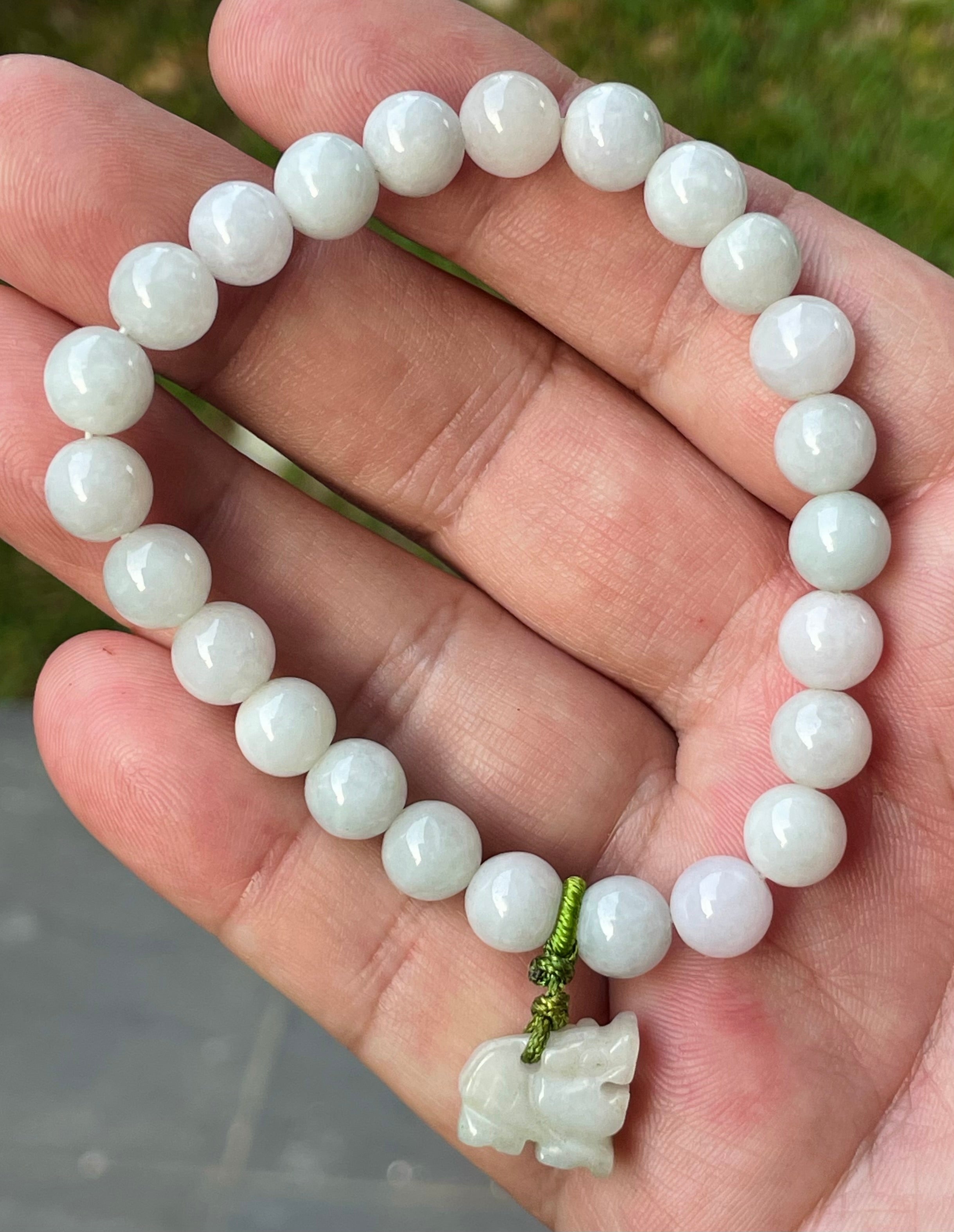 Natural Grade A Burmese Jadeite Jade Beaded Bracelet – Icy Milky White, Faint Green Hues – Hand-Carved Tiger Pendant – 8mm – JBB182