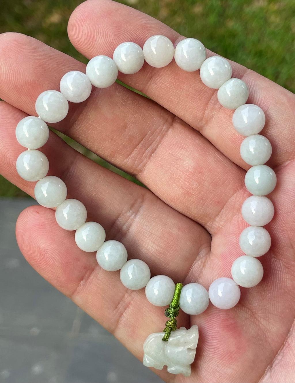 Natural Grade A Burmese Jadeite Jade Beaded Bracelet – Icy Milky White, Faint Green Hues – Hand-Carved Tiger Pendant – 8mm – JBB182