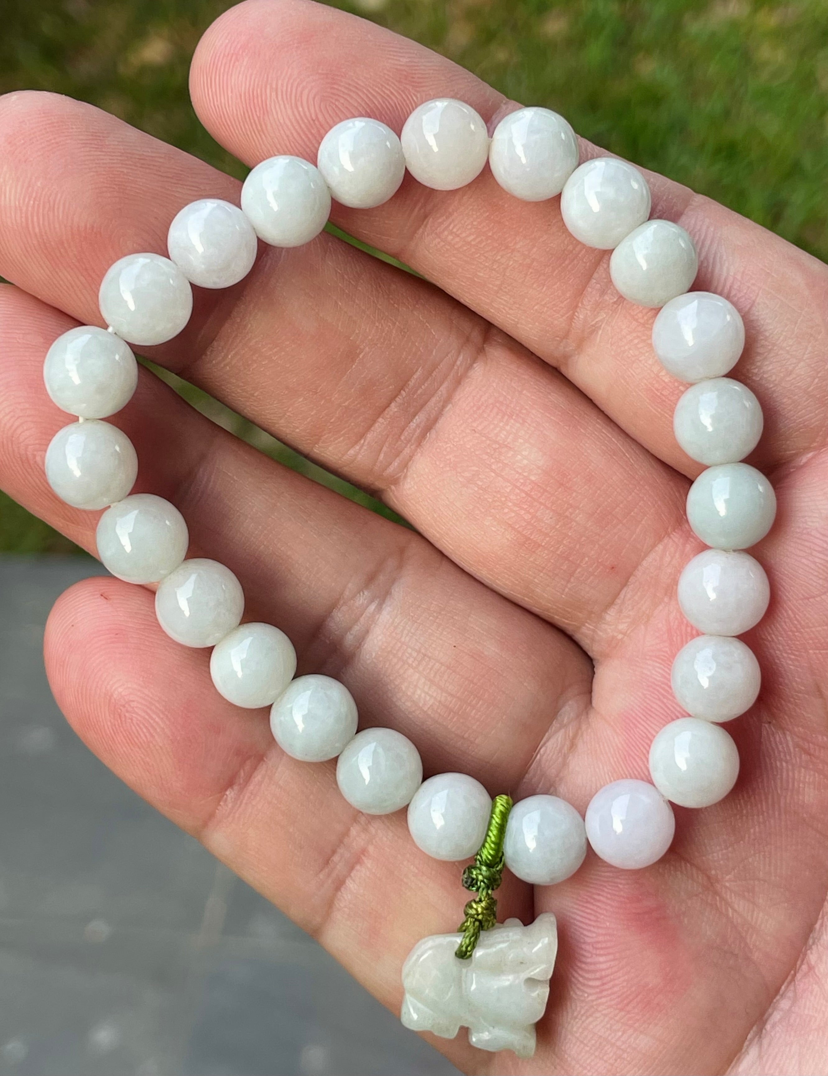 Natural Grade A Burmese Jadeite Jade Beaded Bracelet – Icy Milky White, Faint Green Hues – Hand-Carved Tiger Pendant – 8mm – JBB182