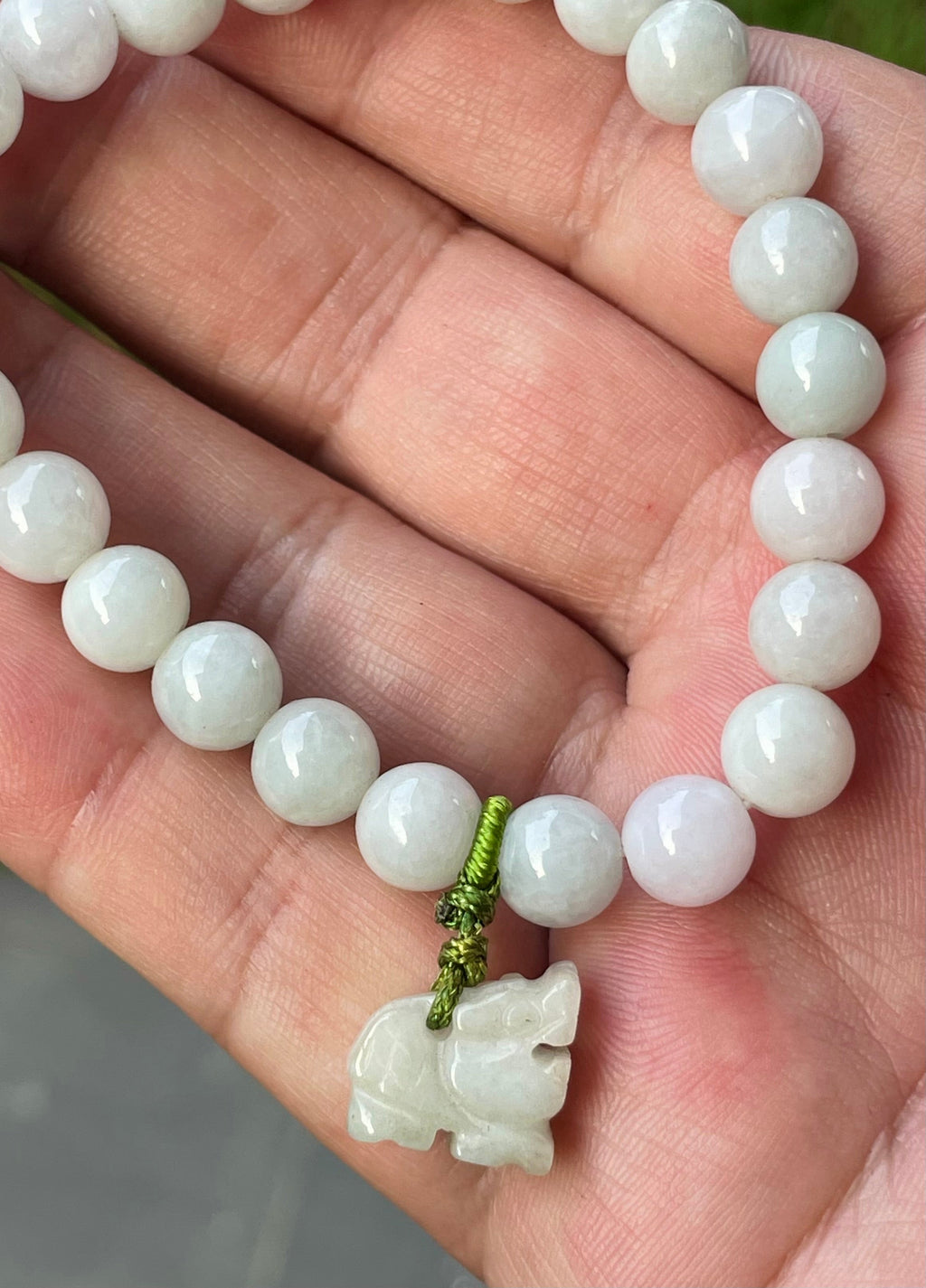 Natural Grade A Burmese Jadeite Jade Beaded Bracelet – Icy Milky White, Faint Green Hues – Hand-Carved Tiger Pendant – 8mm – JBB182