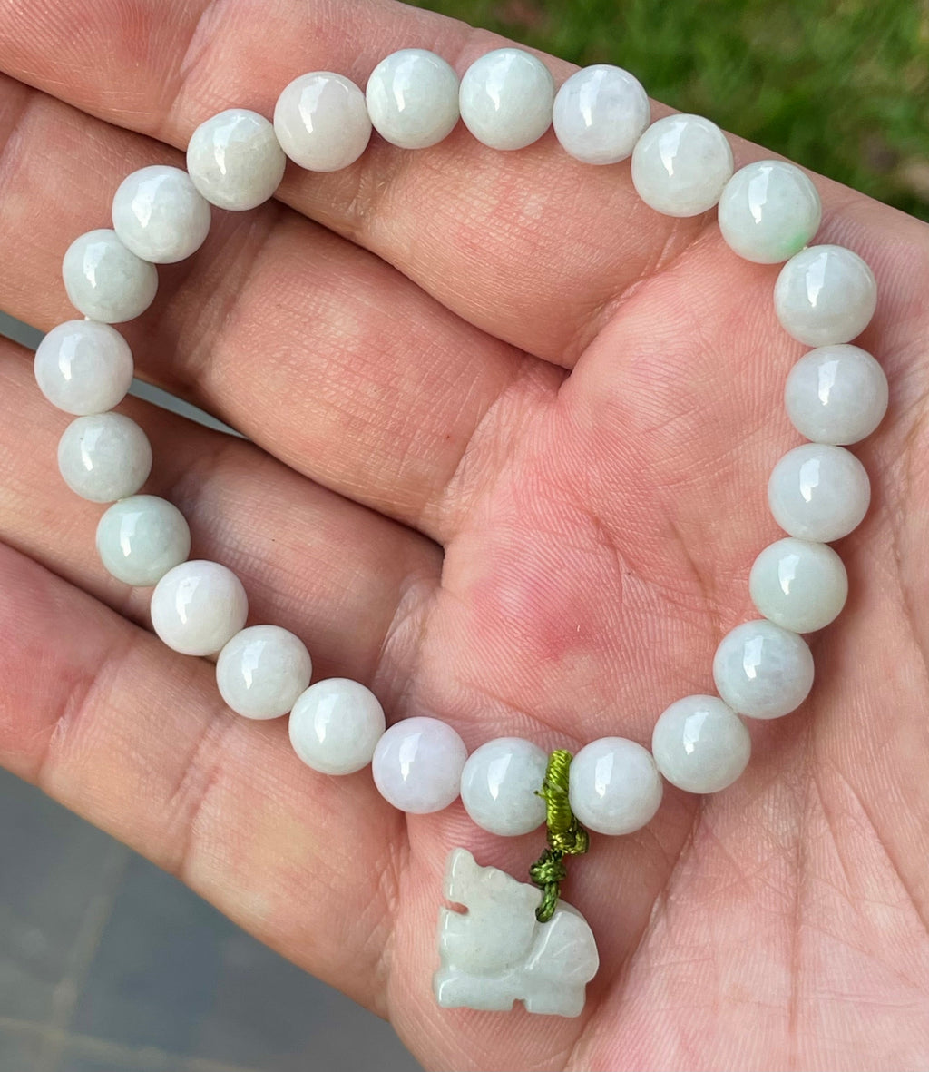 Natural Grade A Burmese Jadeite Jade Beaded Bracelet – Icy Milky White, Faint Green Hues – Hand-Carved Tiger Pendant – 8mm – JBB182