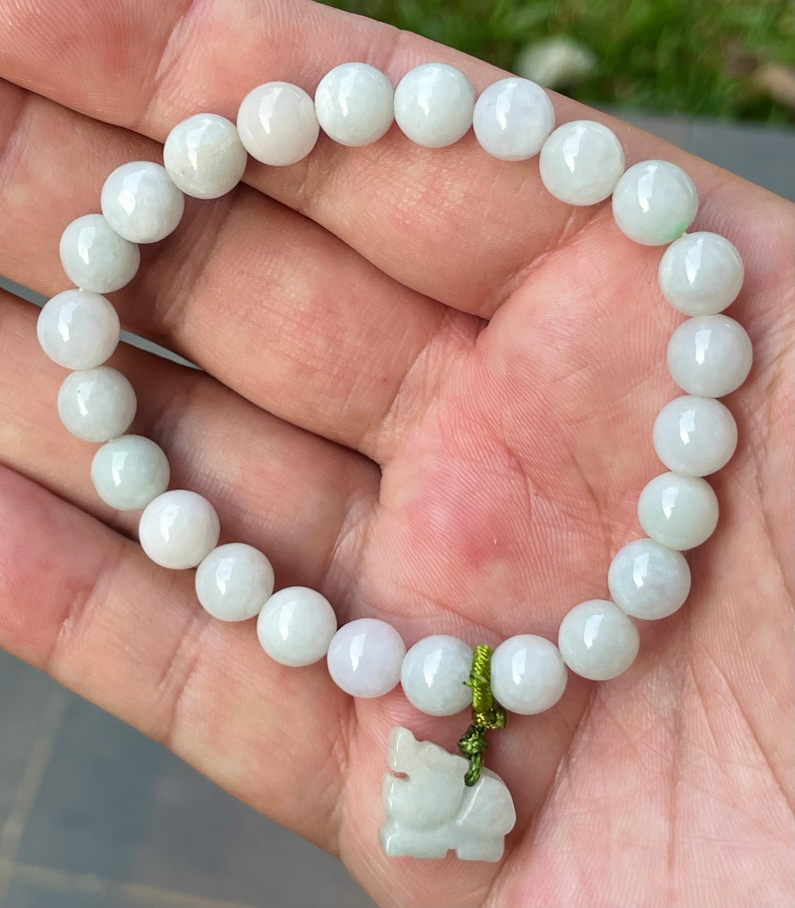 Natural Grade A Burmese Jadeite Jade Beaded Bracelet – Icy Milky White, Faint Green Hues – Hand-Carved Tiger Pendant – 8mm – JBB182