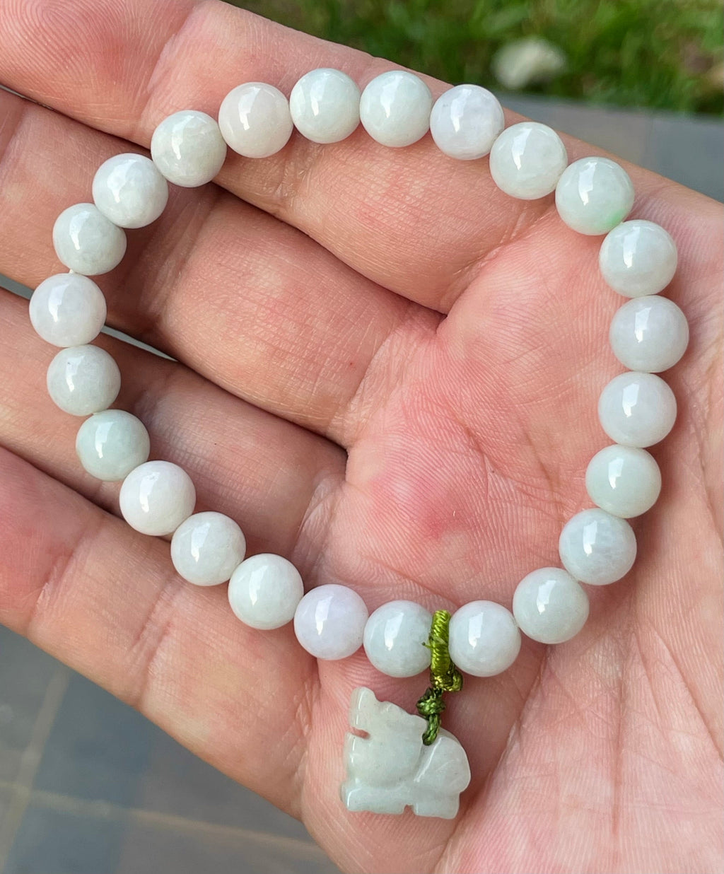 Natural Grade A Burmese Jadeite Jade Beaded Bracelet – Icy Milky White, Faint Green Hues – Hand-Carved Tiger Pendant – 8mm – JBB182