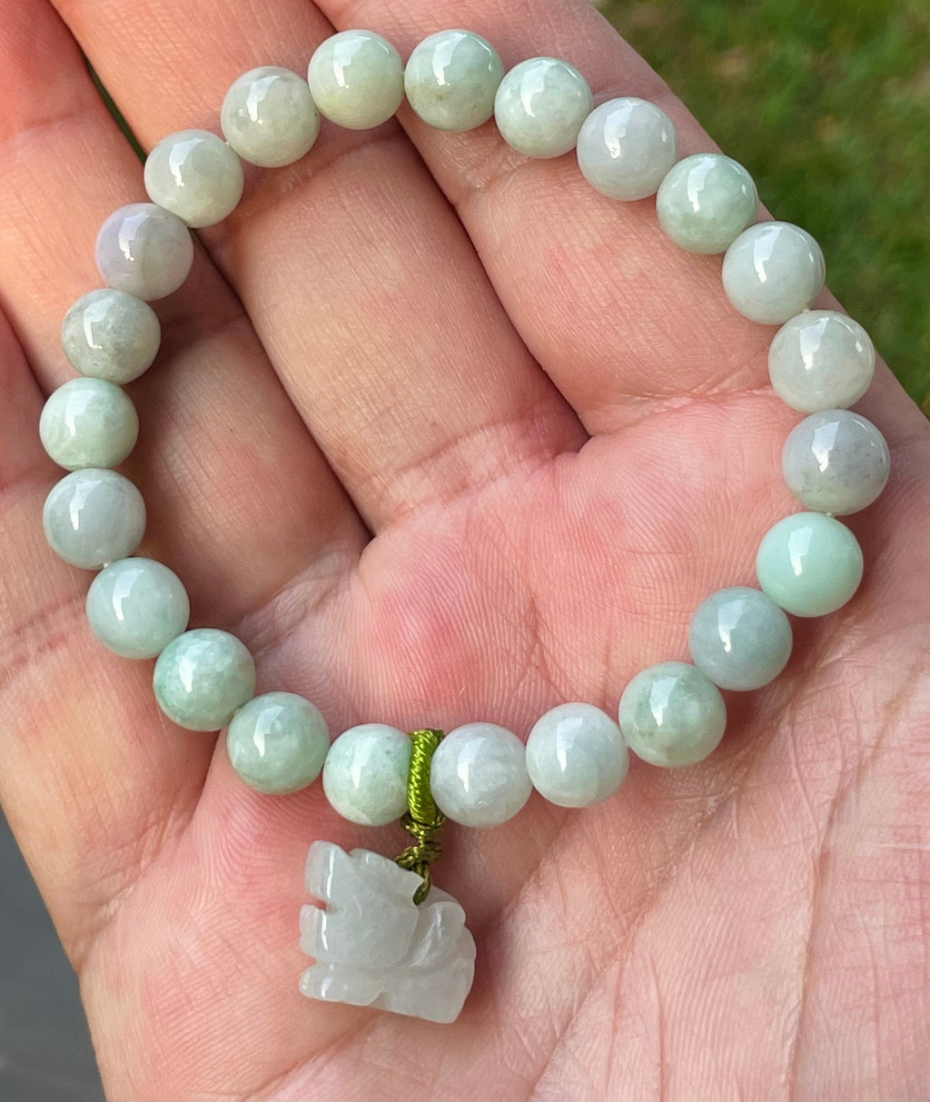 Natural Grade A Burmese Jadeite Jade Beaded Bracelet – Icy White & Apple Green – Hand-Carved Tiger Pendant – 8mm – JBB183