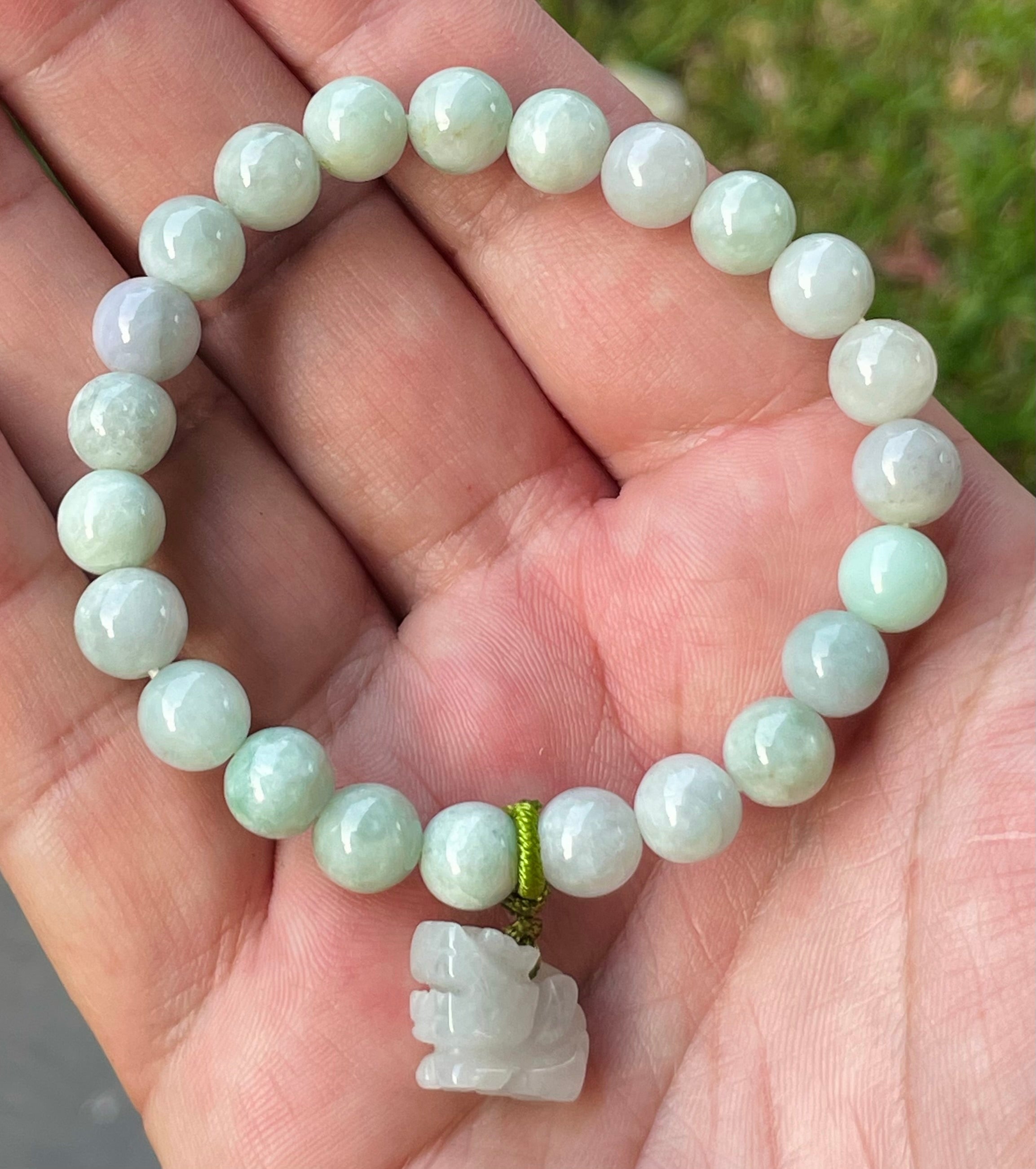 Natural Grade A Burmese Jadeite Jade Beaded Bracelet – Icy White & Apple Green – Hand-Carved Tiger Pendant – 8mm – JBB183