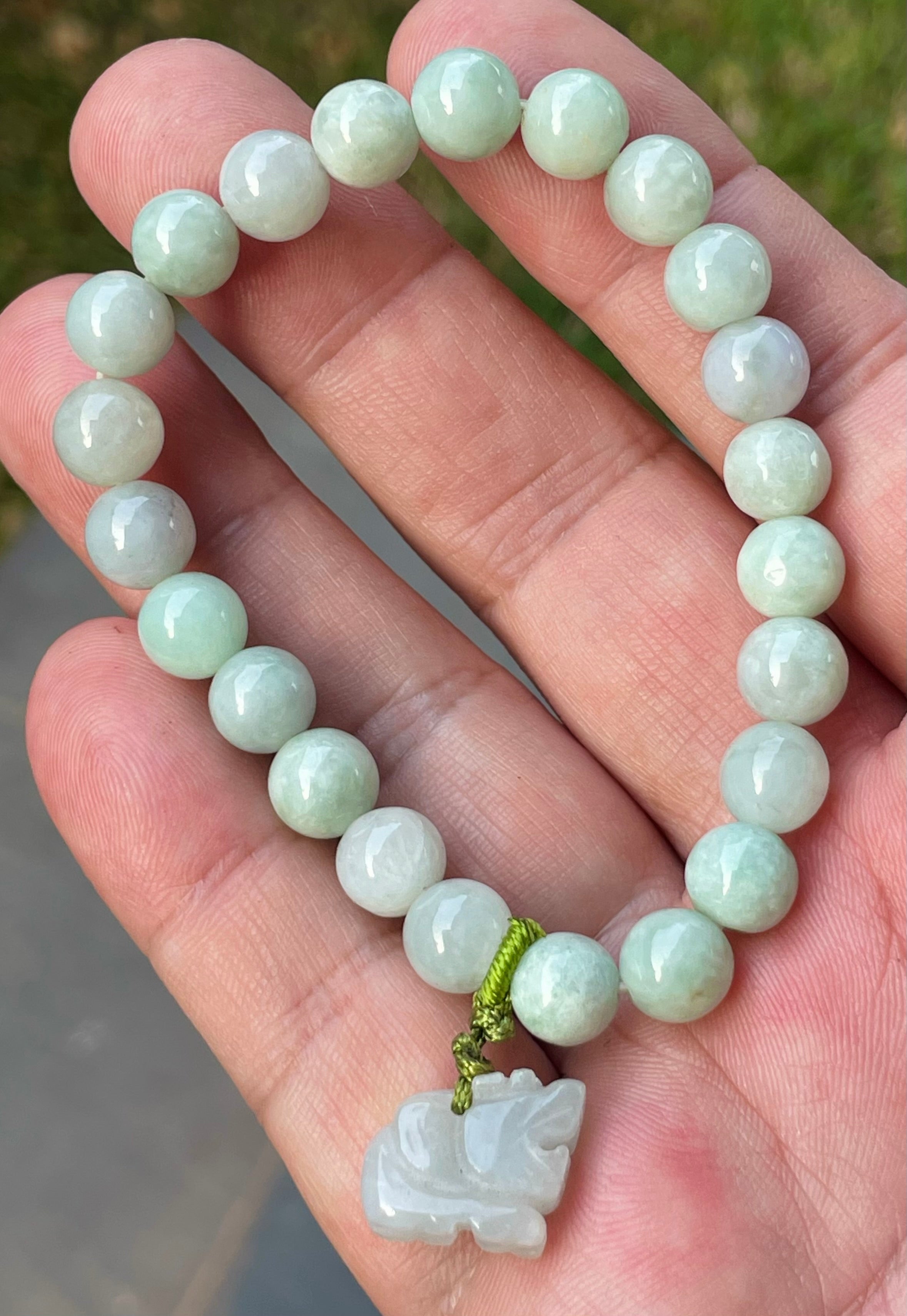 Natural Grade A Burmese Jadeite Jade Beaded Bracelet – Icy White & Apple Green – Hand-Carved Tiger Pendant – 8mm – JBB183