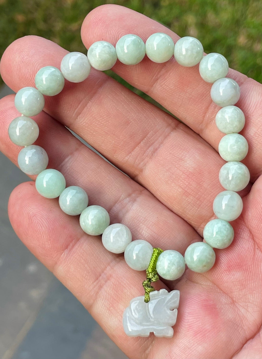 Natural Grade A Burmese Jadeite Jade Beaded Bracelet – Icy White & Apple Green – Hand-Carved Tiger Pendant – 8mm – JBB183
