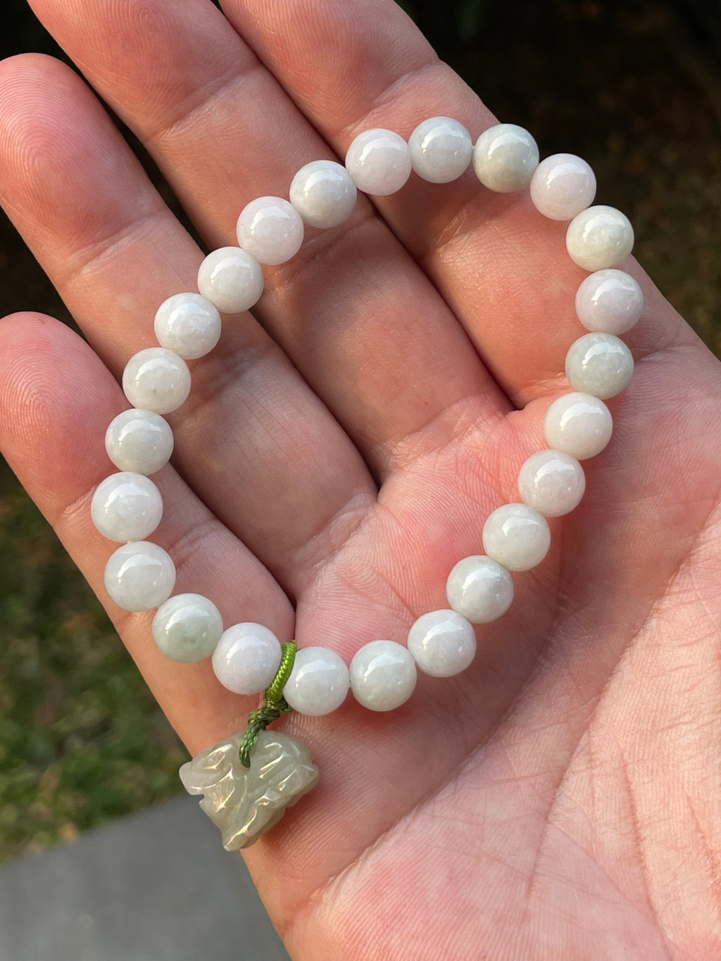 Natural Grade A Burmese Jadeite Jade Beaded Bracelet – Icy Milky White, Apple Green Hues – Hand-Carved Tiger  Pendant – 8mm – JBB184