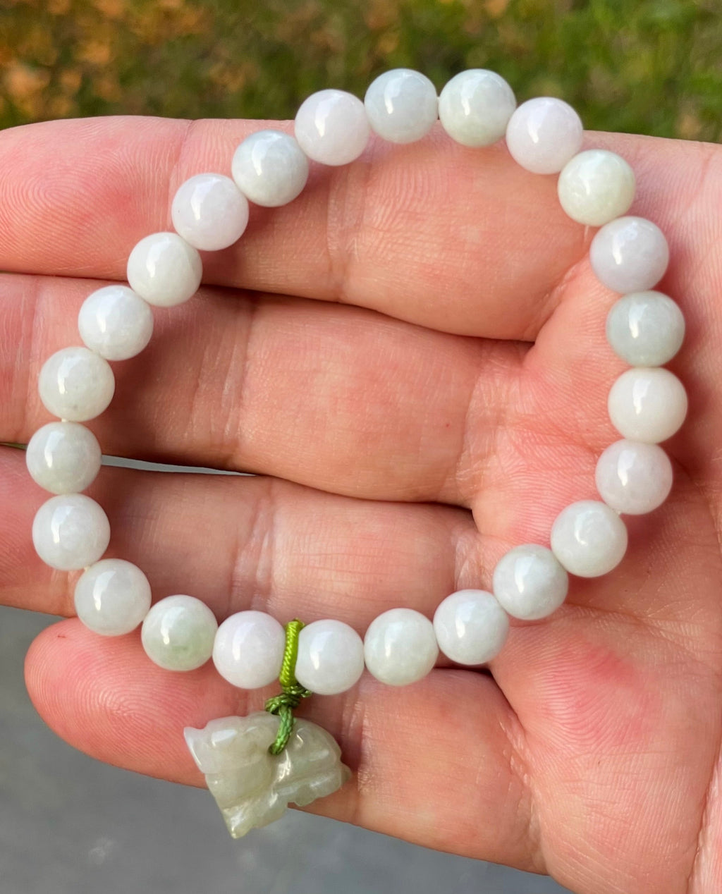 Natural Grade A Burmese Jadeite Jade Beaded Bracelet – Icy Milky White, Apple Green Hues – Hand-Carved Tiger  Pendant – 8mm – JBB184