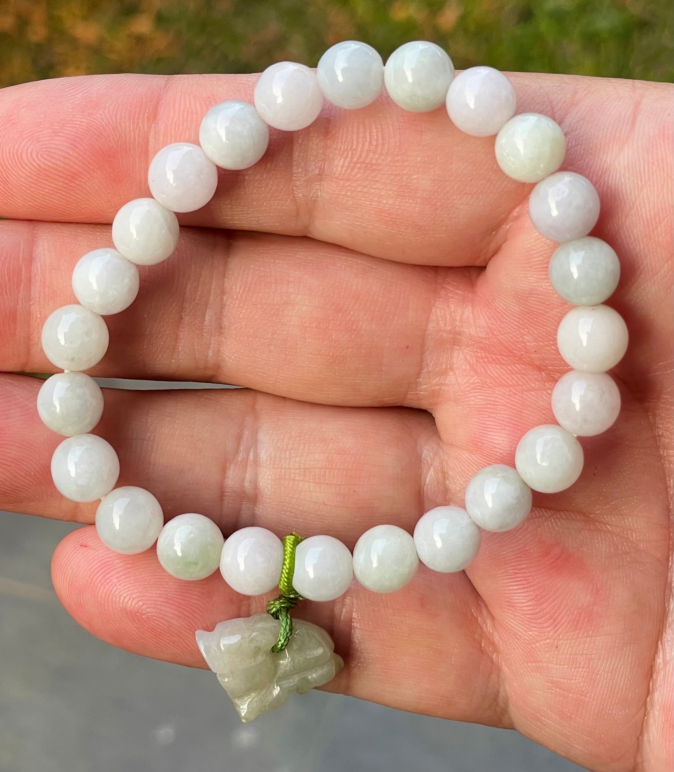 Natural Grade A Burmese Jadeite Jade Beaded Bracelet – Icy Milky White, Apple Green Hues – Hand-Carved Tiger  Pendant – 8mm – JBB184