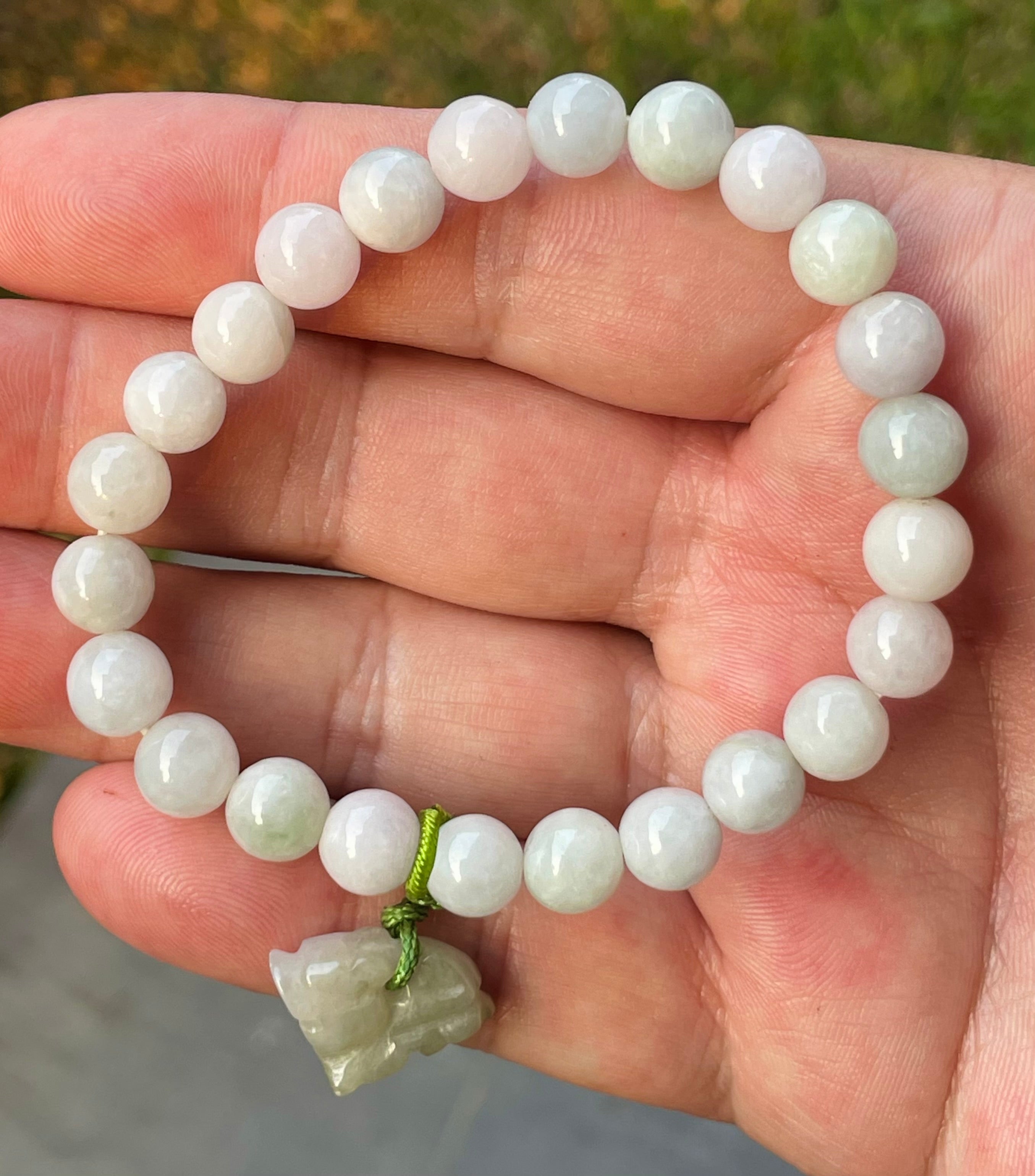 Natural Grade A Burmese Jadeite Jade Beaded Bracelet – Icy Milky White, Apple Green Hues – Hand-Carved Tiger  Pendant – 8mm – JBB184