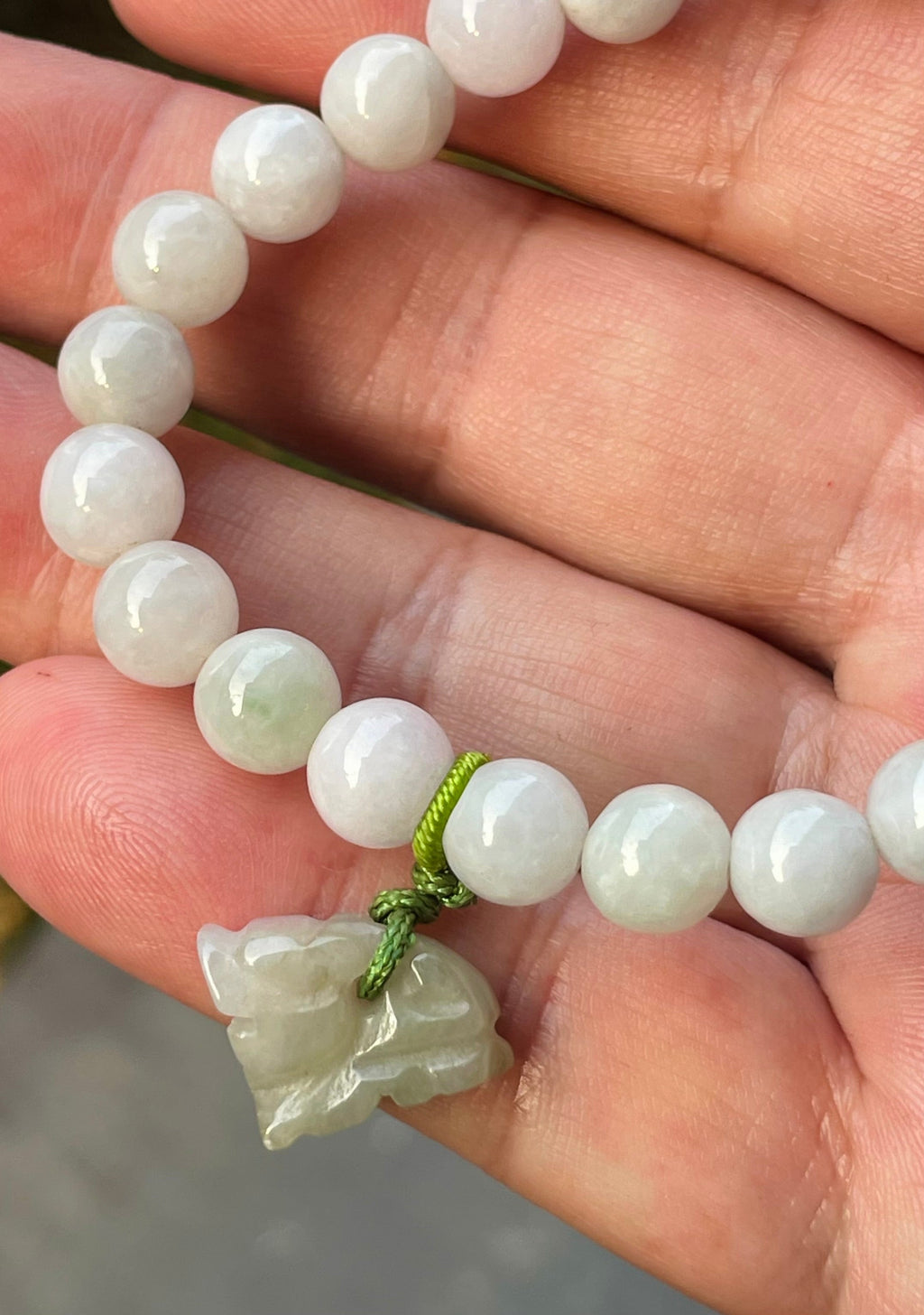 Natural Grade A Burmese Jadeite Jade Beaded Bracelet – Icy Milky White, Apple Green Hues – Hand-Carved Tiger  Pendant – 8mm – JBB184