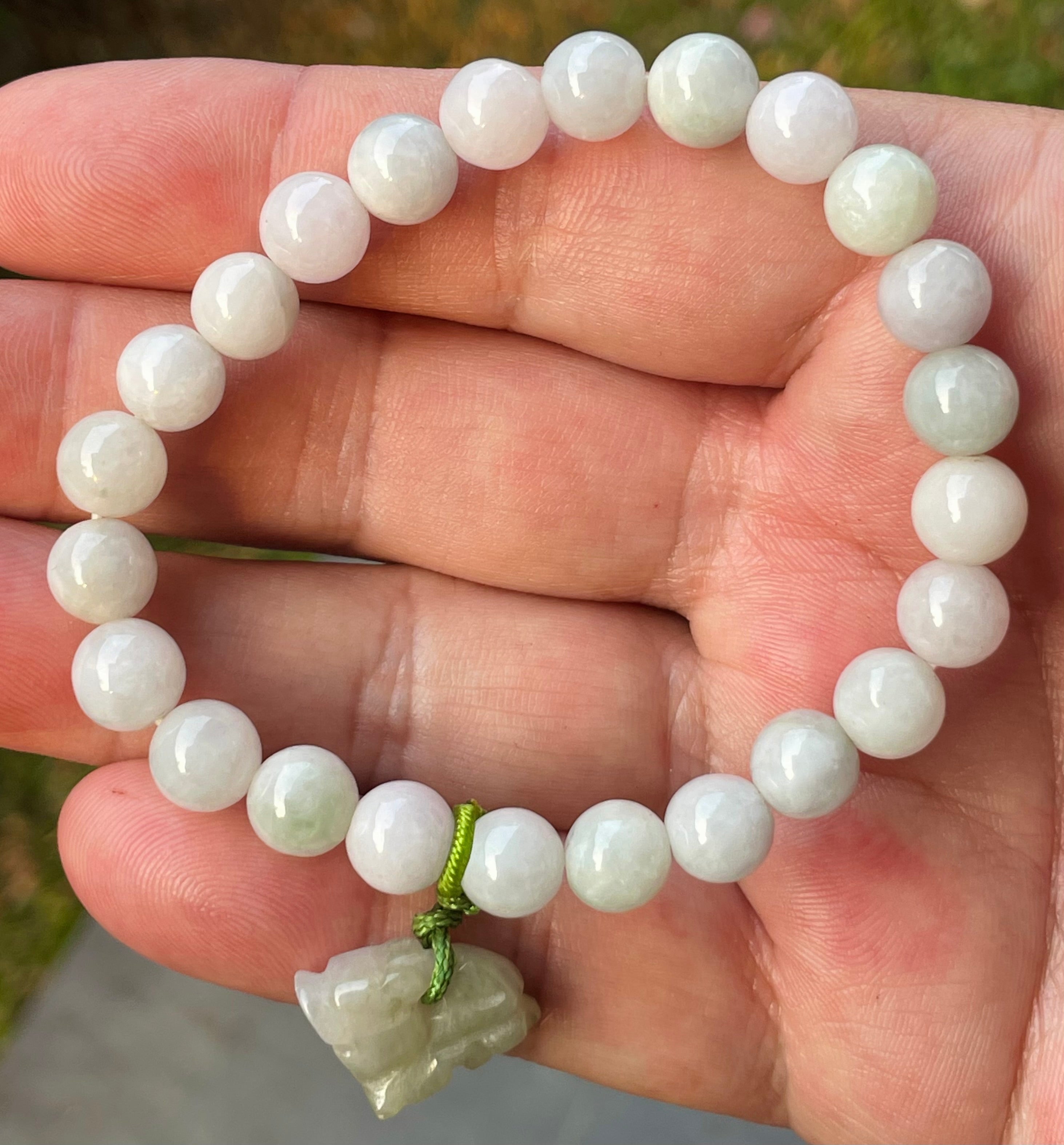 Natural Grade A Burmese Jadeite Jade Beaded Bracelet – Icy Milky White, Apple Green Hues – Hand-Carved Tiger  Pendant – 8mm – JBB184