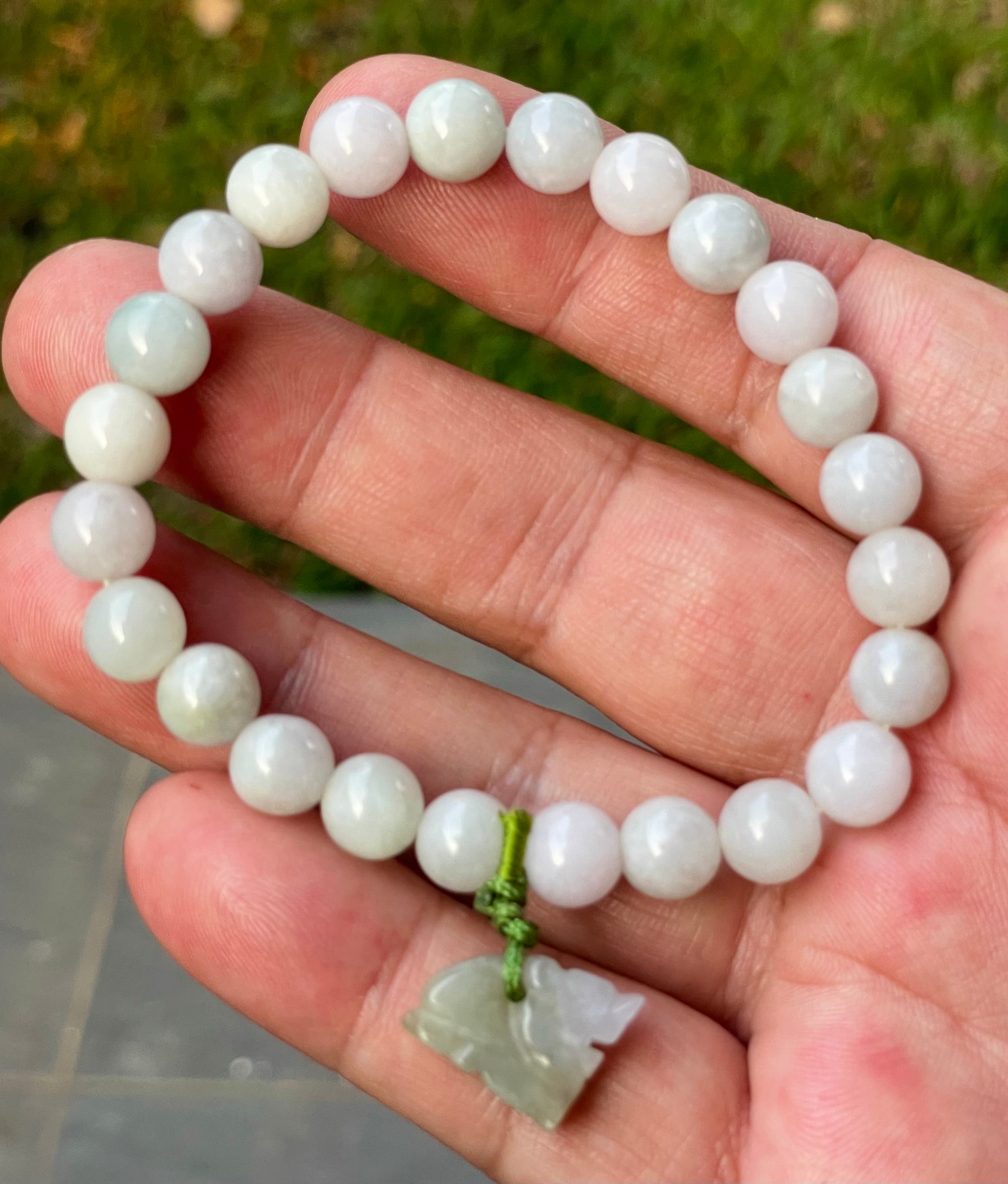 Natural Grade A Burmese Jadeite Jade Beaded Bracelet – Icy Milky White, Apple Green Hues – Hand-Carved Tiger  Pendant – 8mm – JBB184