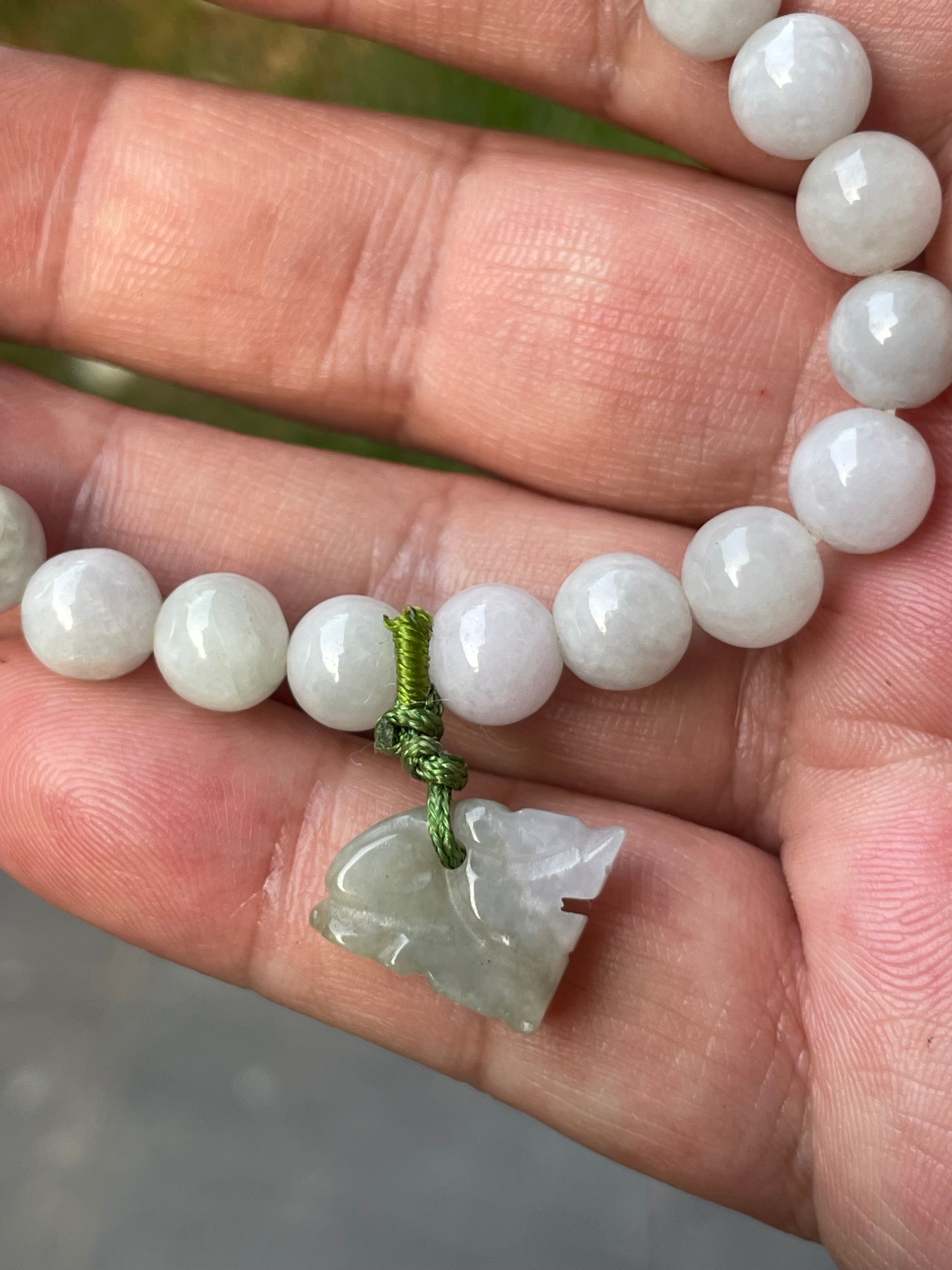 Natural Grade A Burmese Jadeite Jade Beaded Bracelet – Icy Milky White, Apple Green Hues – Hand-Carved Tiger  Pendant – 8mm – JBB184