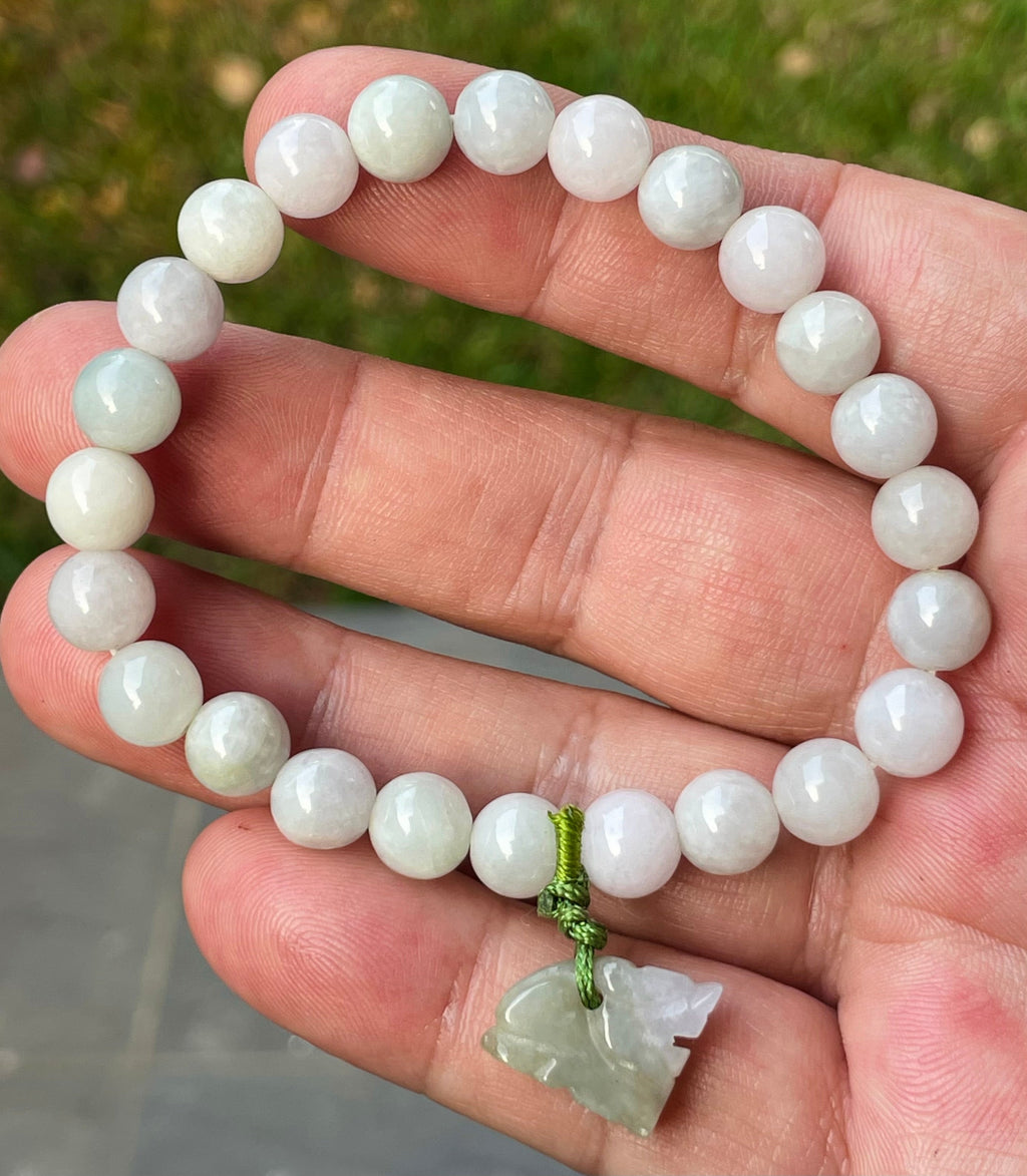 Natural Grade A Burmese Jadeite Jade Beaded Bracelet – Icy Milky White, Apple Green Hues – Hand-Carved Tiger  Pendant – 8mm – JBB184